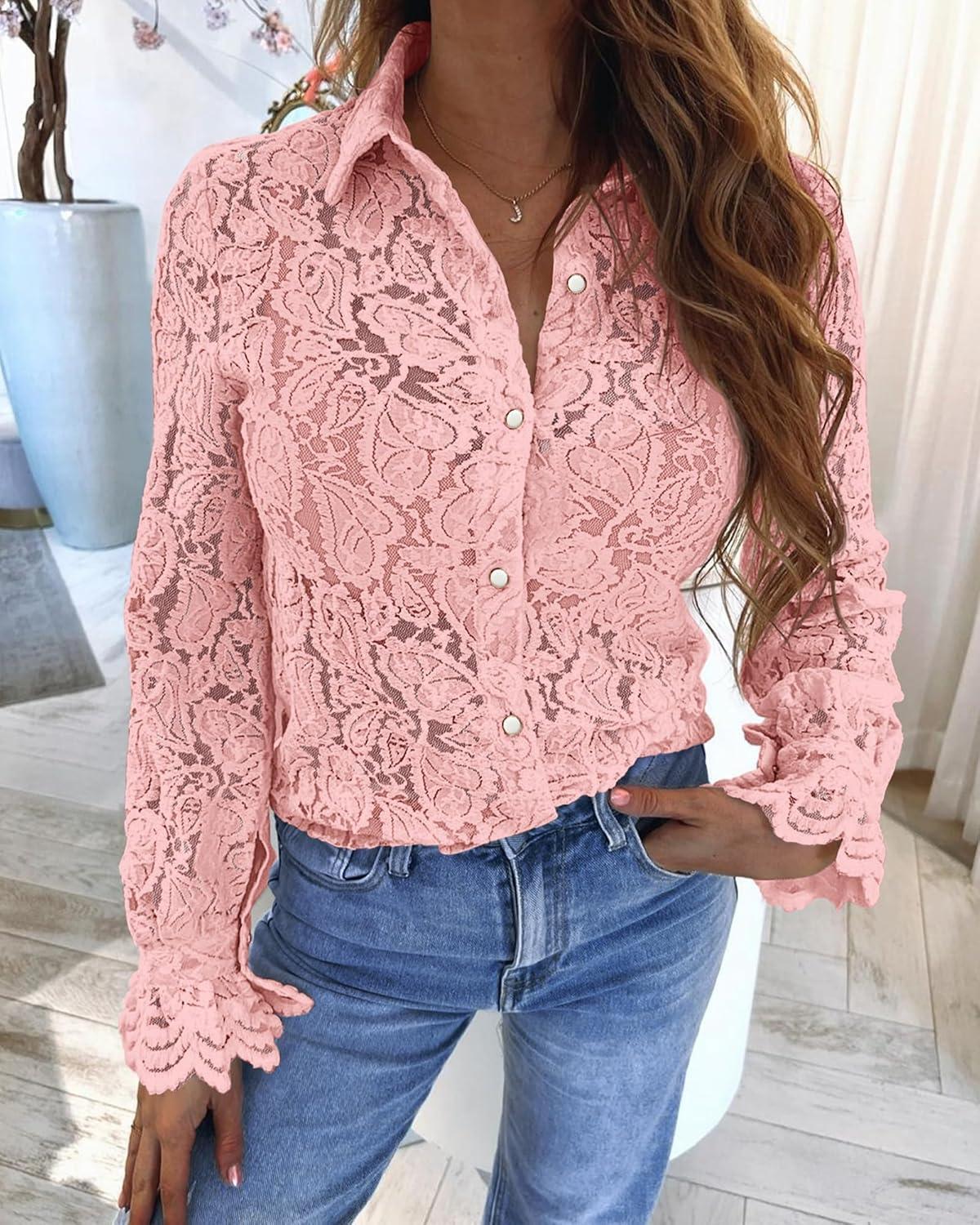 imageBTFBM Long Sleeve Lace Blouses for Women 2025 Spring Dressy Casual Button Down Shirts Date Night Outfit Club Party TopsPink