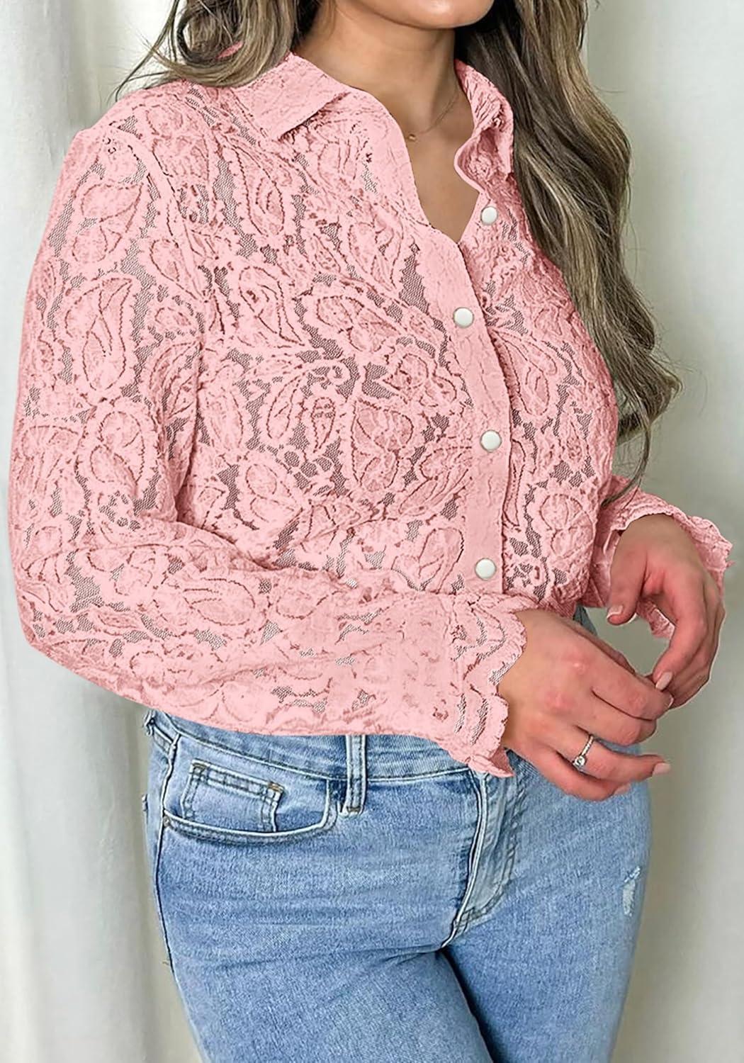 imageBTFBM Long Sleeve Lace Blouses for Women 2025 Spring Dressy Casual Button Down Shirts Date Night Outfit Club Party TopsPink