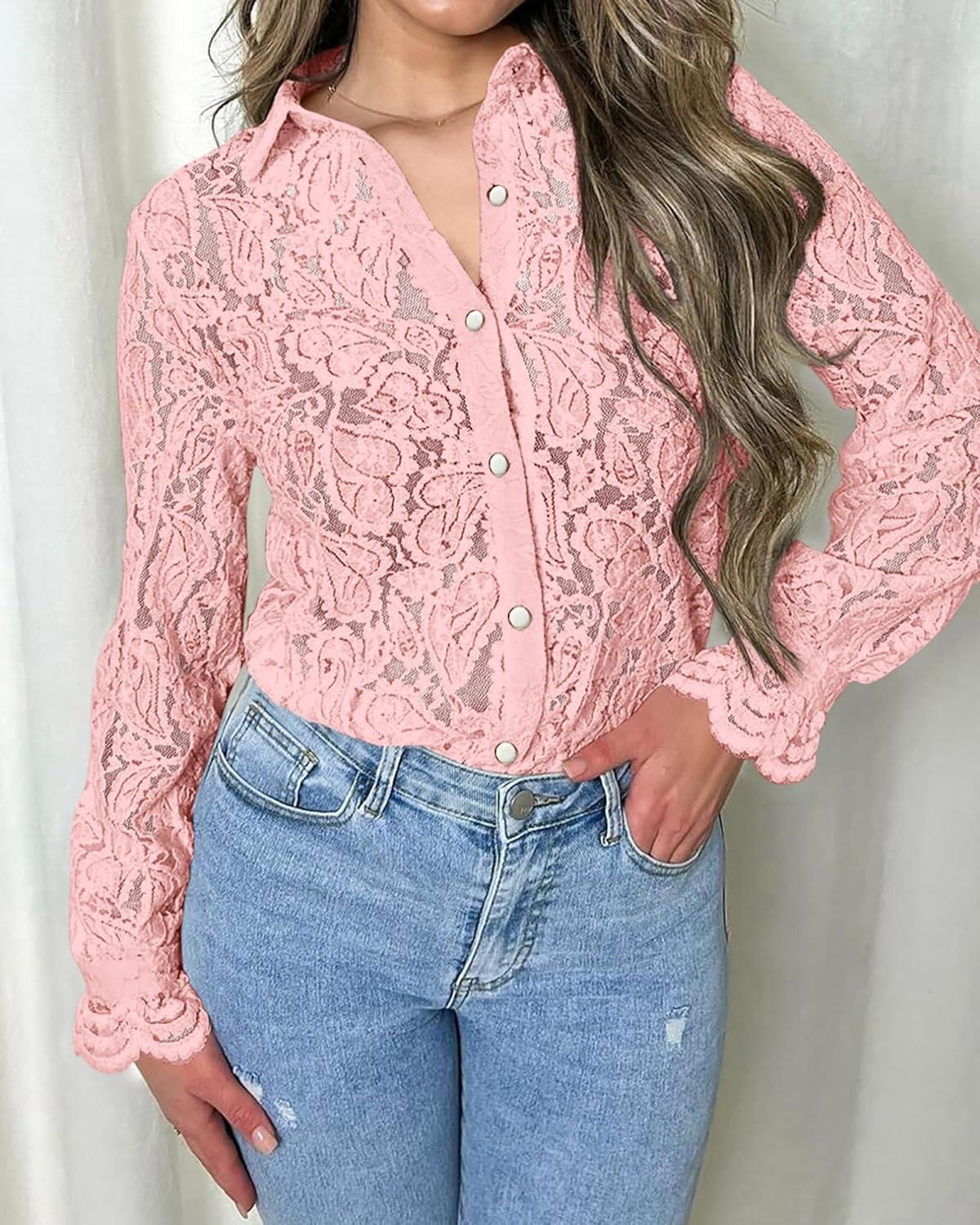 imageBTFBM Long Sleeve Lace Blouses for Women 2025 Spring Dressy Casual Button Down Shirts Date Night Outfit Club Party TopsPink