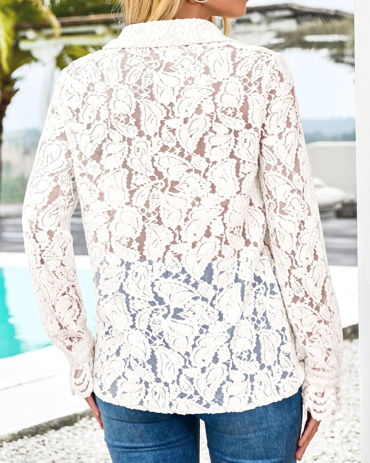 imageBTFBM Long Sleeve Lace Blouses for Women 2025 Spring Dressy Casual Button Down Shirts Date Night Outfit Club Party TopsWhite