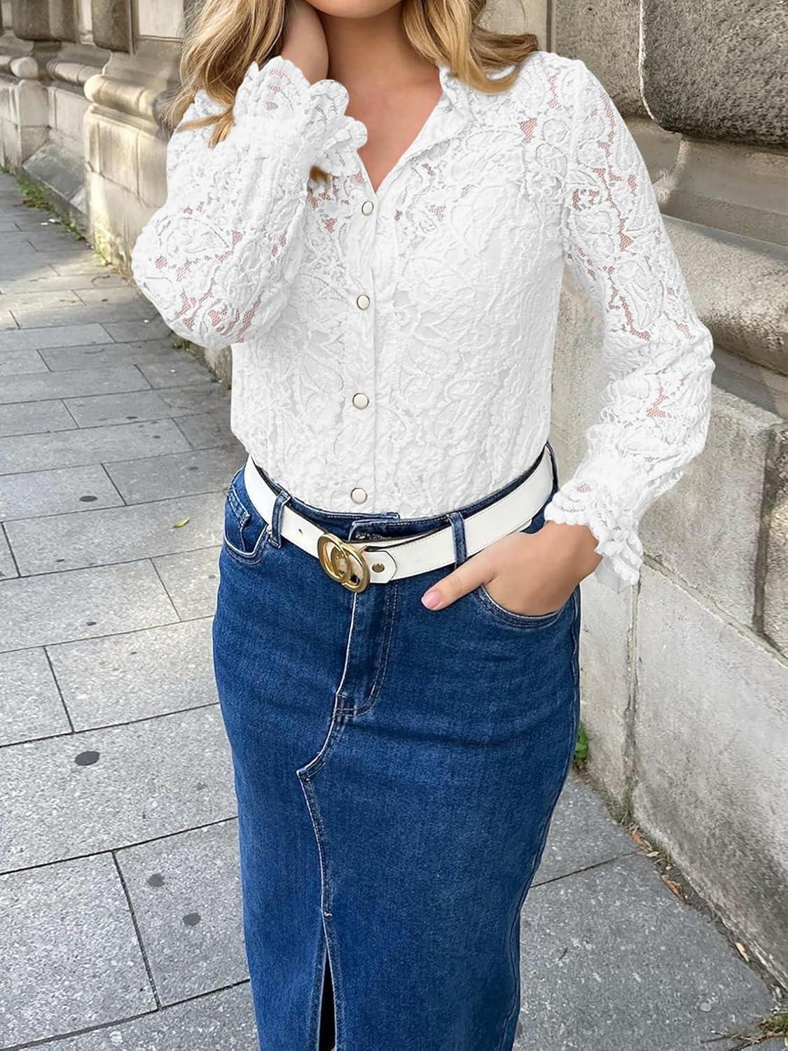imageBTFBM Long Sleeve Lace Blouses for Women 2025 Spring Dressy Casual Button Down Shirts Date Night Outfit Club Party TopsWhite