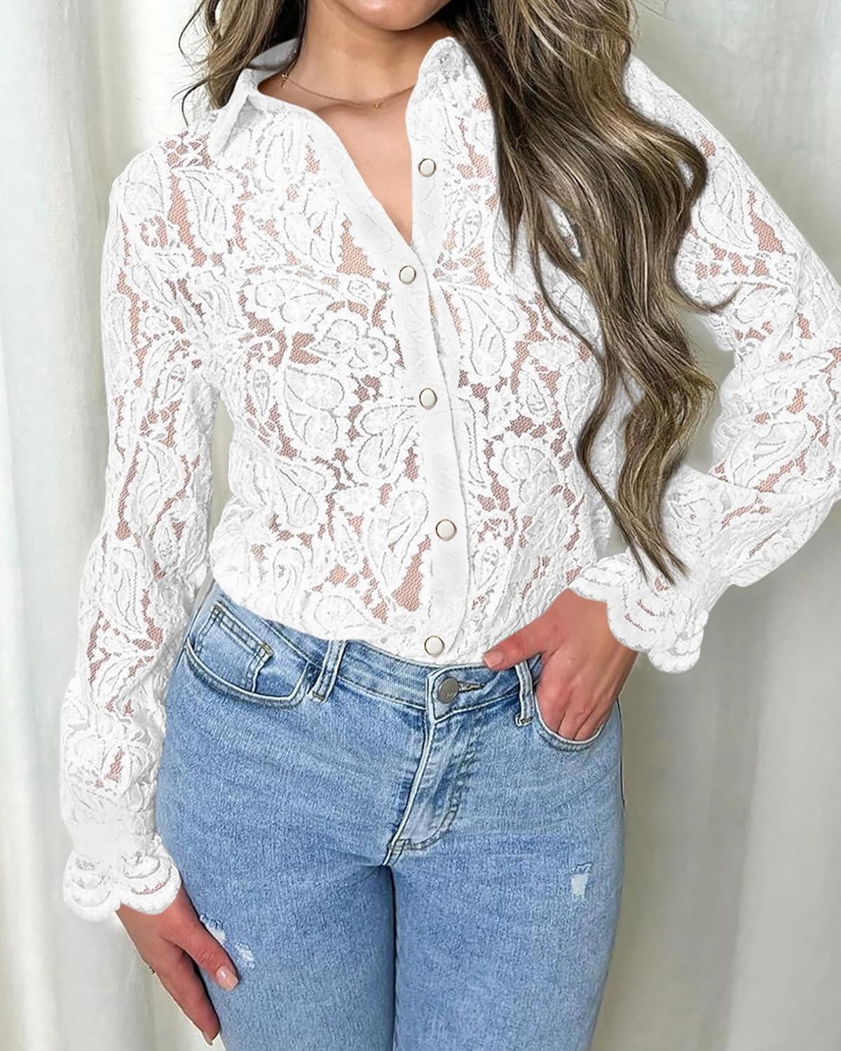 imageBTFBM Long Sleeve Lace Blouses for Women 2025 Spring Dressy Casual Button Down Shirts Date Night Outfit Club Party TopsWhite