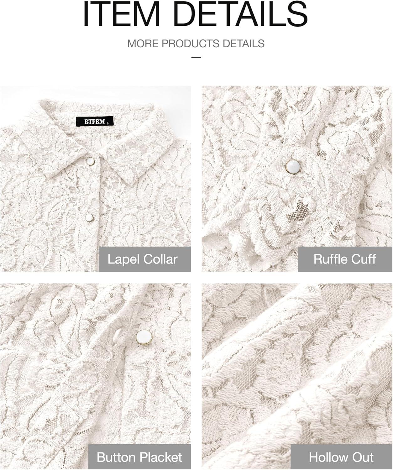 imageBTFBM Long Sleeve Lace Blouses for Women 2025 Spring Dressy Casual Button Down Shirts Date Night Outfit Club Party TopsWhite