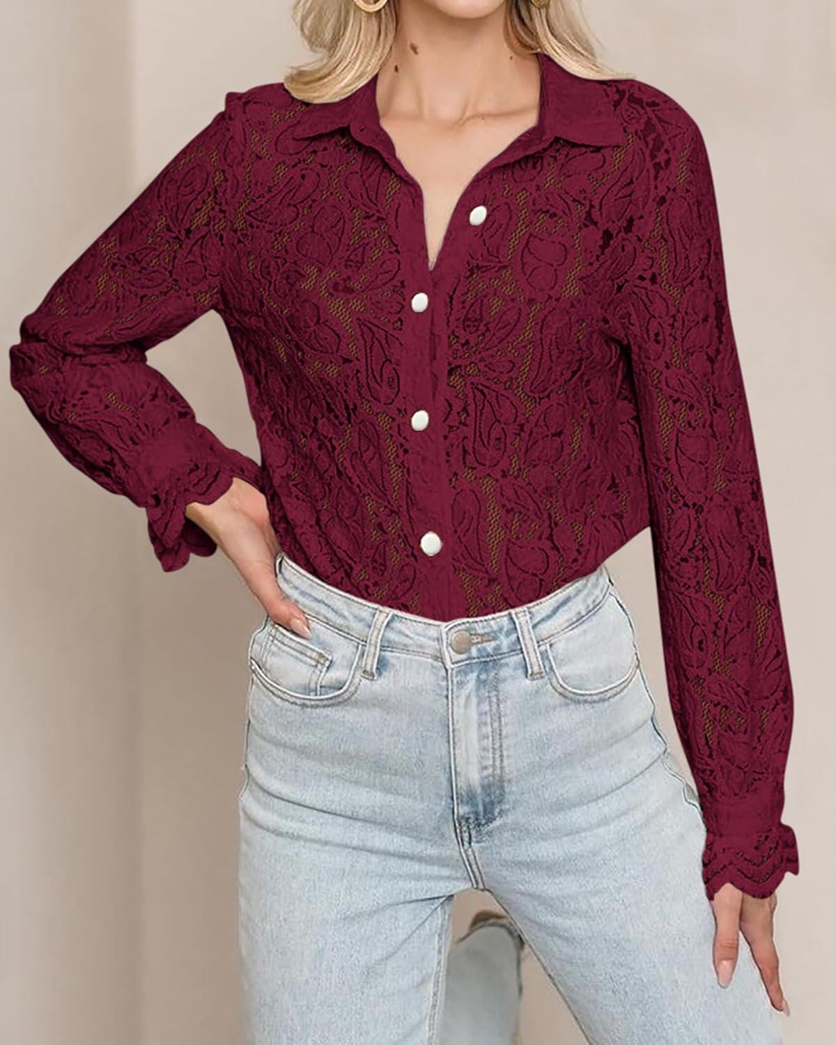 imageBTFBM Long Sleeve Lace Blouses for Women 2025 Spring Dressy Casual Button Down Shirts Date Night Outfit Club Party TopsWine Red