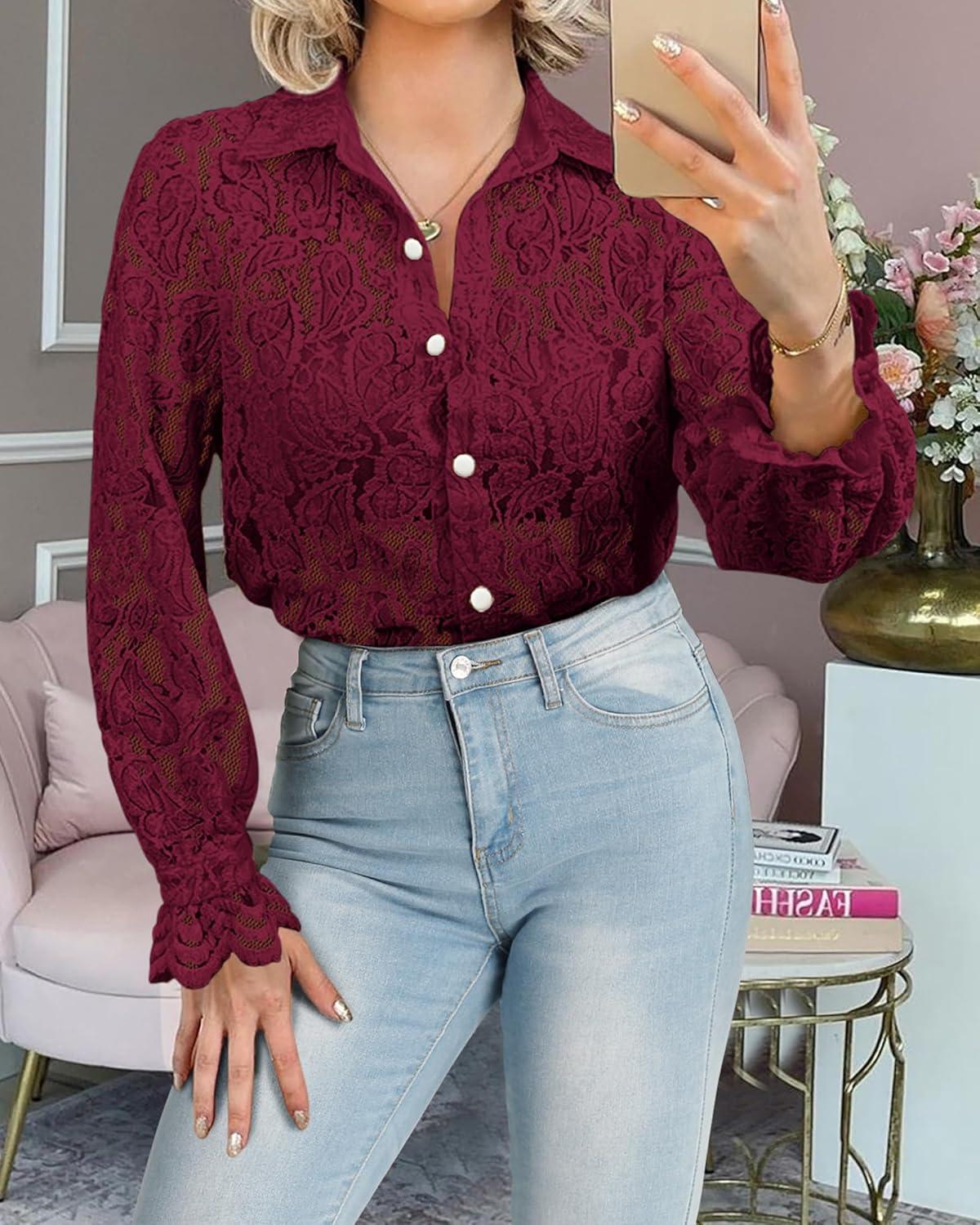 imageBTFBM Long Sleeve Lace Blouses for Women 2025 Spring Dressy Casual Button Down Shirts Date Night Outfit Club Party TopsWine Red