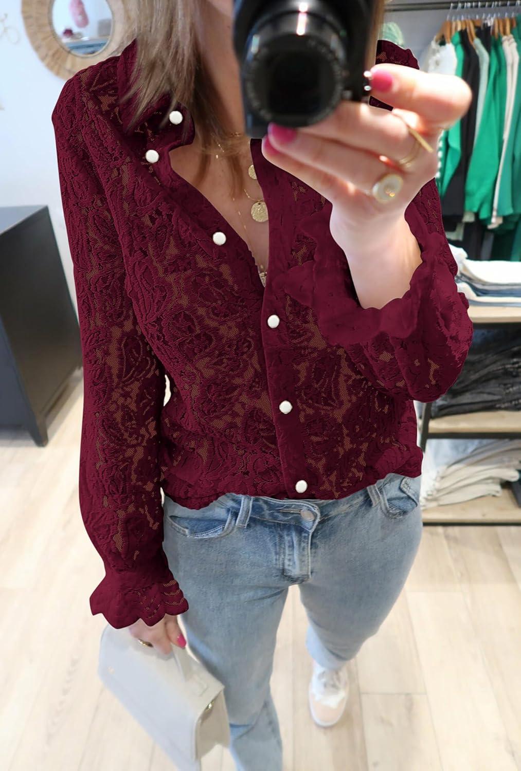 imageBTFBM Long Sleeve Lace Blouses for Women 2025 Spring Dressy Casual Button Down Shirts Date Night Outfit Club Party TopsWine Red