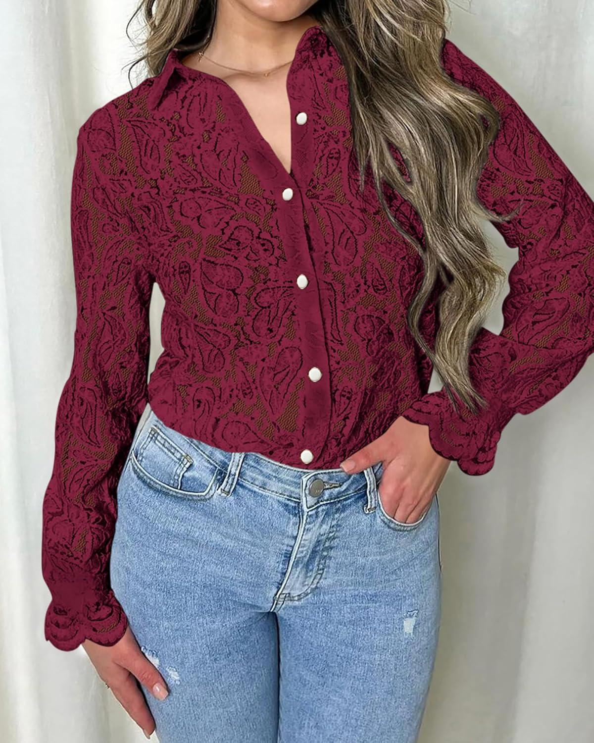 imageBTFBM Long Sleeve Lace Blouses for Women 2025 Spring Dressy Casual Button Down Shirts Date Night Outfit Club Party TopsWine Red