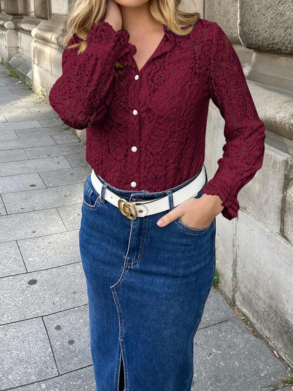 imageBTFBM Long Sleeve Lace Blouses for Women 2025 Spring Dressy Casual Button Down Shirts Date Night Outfit Club Party TopsWine Red
