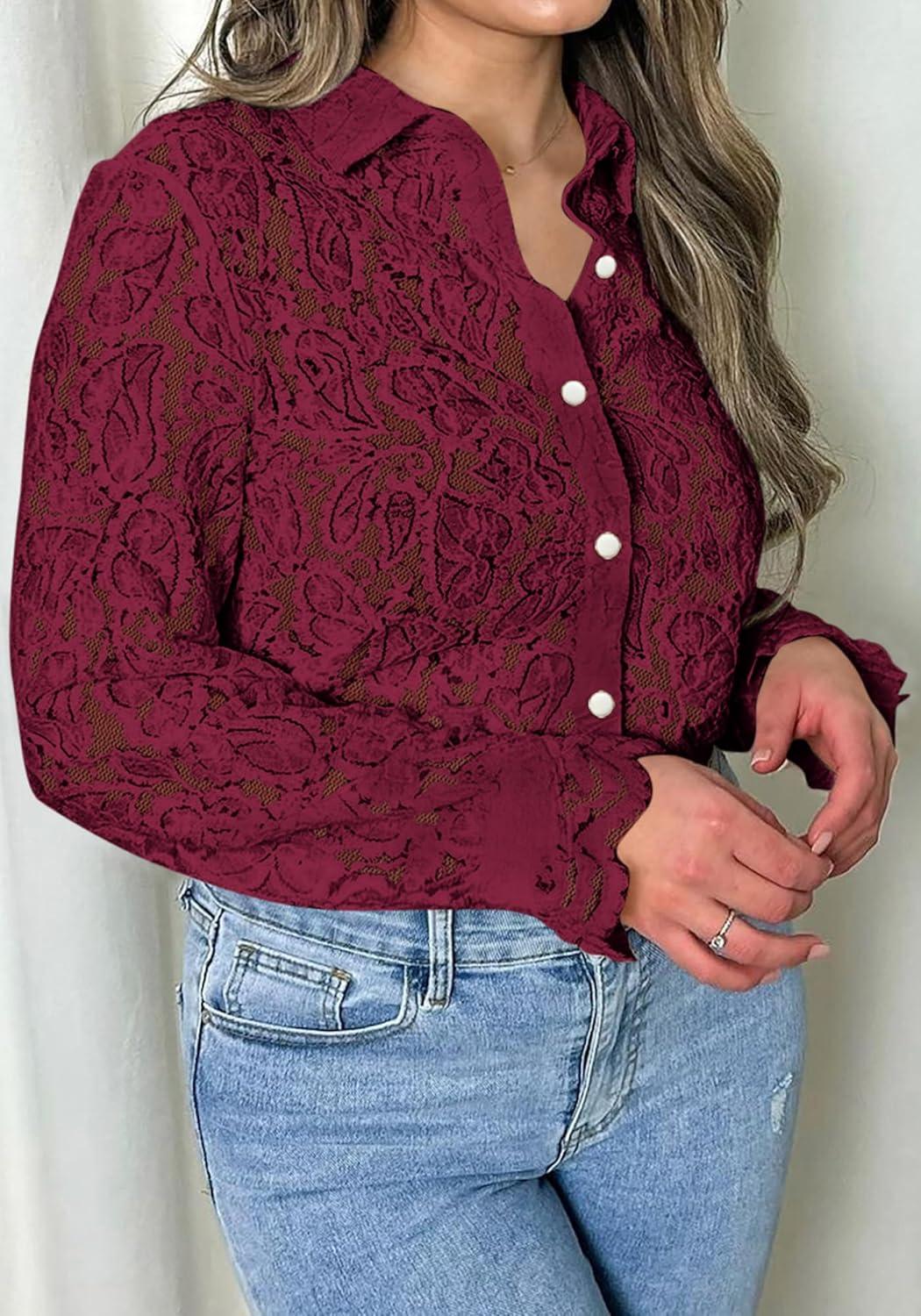 imageBTFBM Long Sleeve Lace Blouses for Women 2025 Spring Dressy Casual Button Down Shirts Date Night Outfit Club Party TopsWine Red