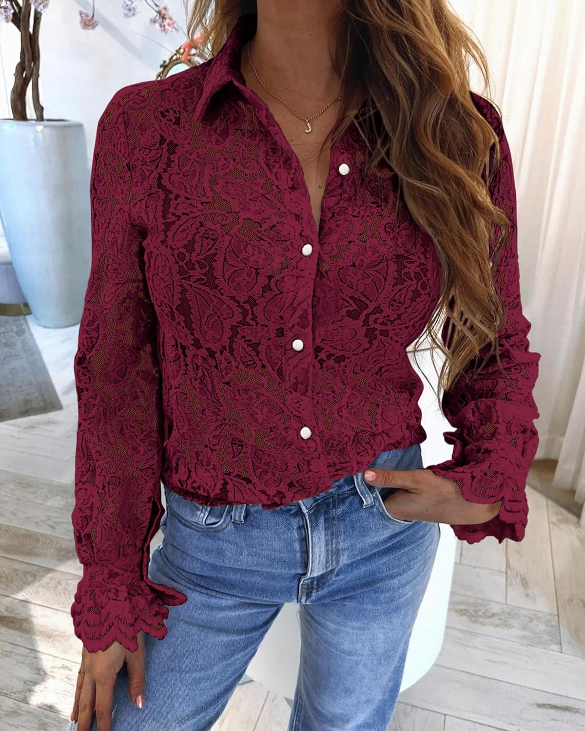imageBTFBM Long Sleeve Lace Blouses for Women 2025 Spring Dressy Casual Button Down Shirts Date Night Outfit Club Party TopsWine Red