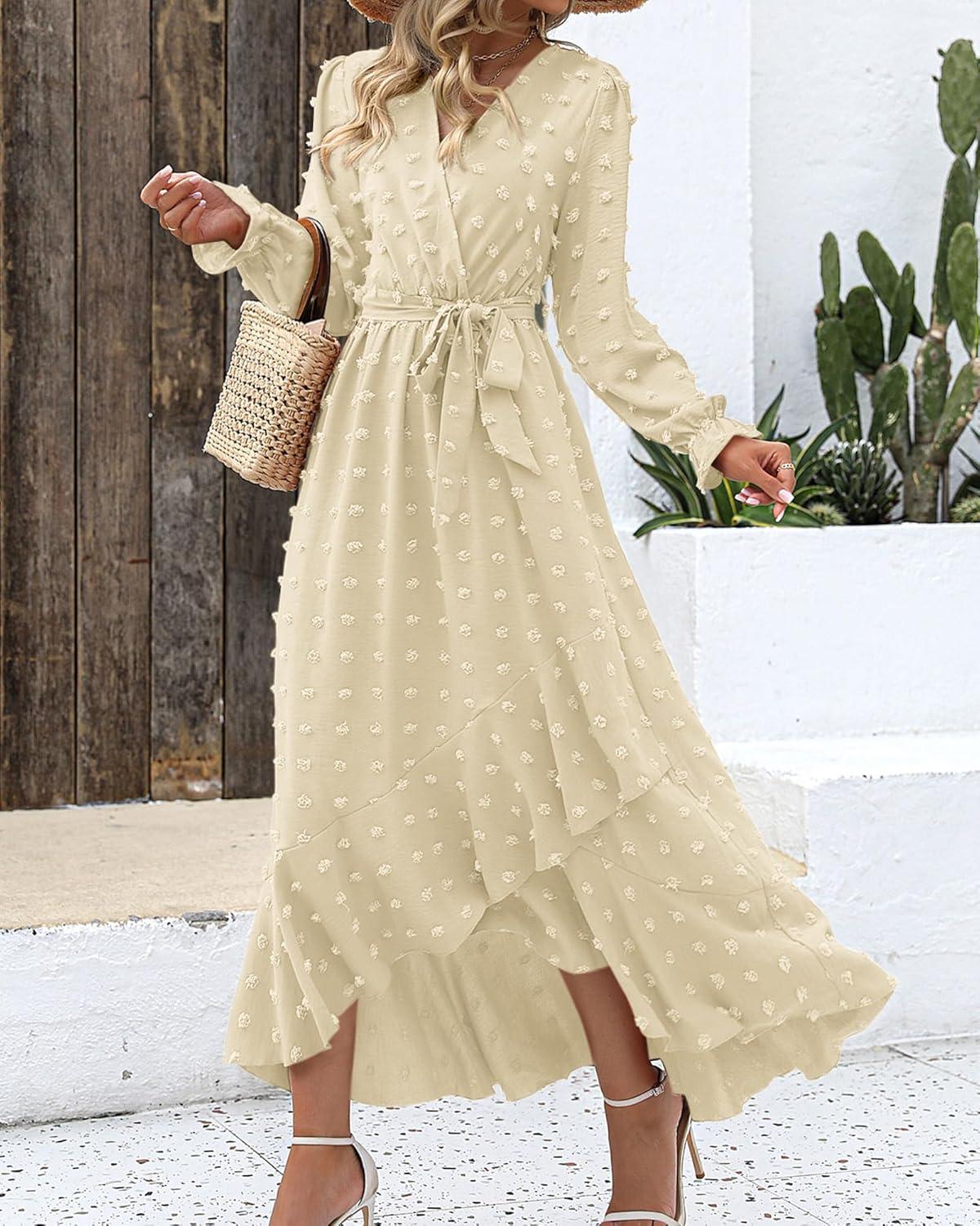 imageBTFBM Long Sleeve Maxi Dresses for Women Swiss Dot Boho Flowy Slit Cocktail Wedding Guest Dress Spring Clothes 2026Beige