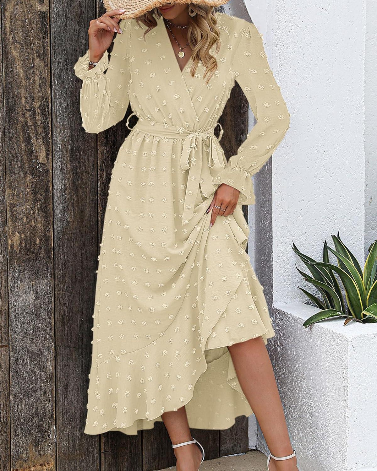 imageBTFBM Long Sleeve Maxi Dresses for Women Swiss Dot Boho Flowy Slit Cocktail Wedding Guest Dress Spring Clothes 2026Beige