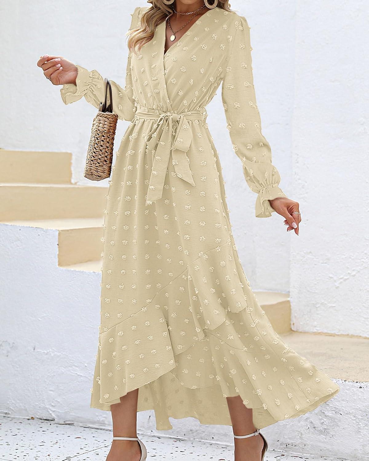 imageBTFBM Long Sleeve Maxi Dresses for Women Swiss Dot Boho Flowy Slit Cocktail Wedding Guest Dress Spring Clothes 2026Beige