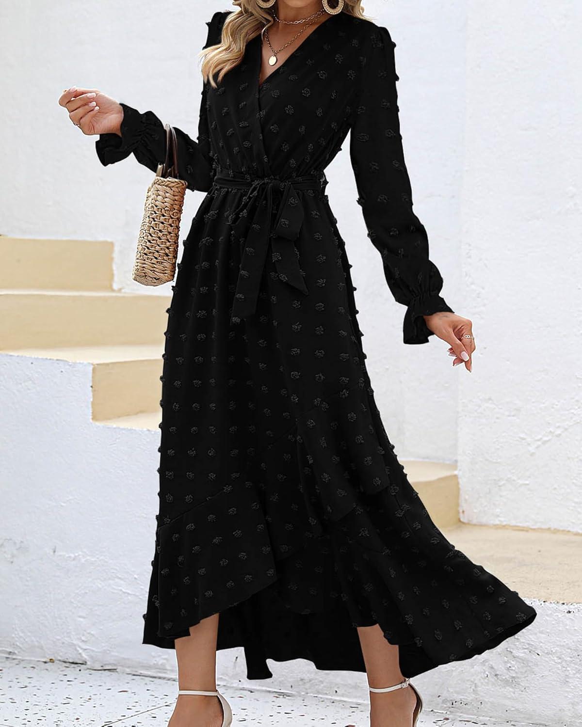 imageBTFBM Long Sleeve Maxi Dresses for Women Swiss Dot Boho Flowy Slit Cocktail Wedding Guest Dress Spring Clothes 2026Black