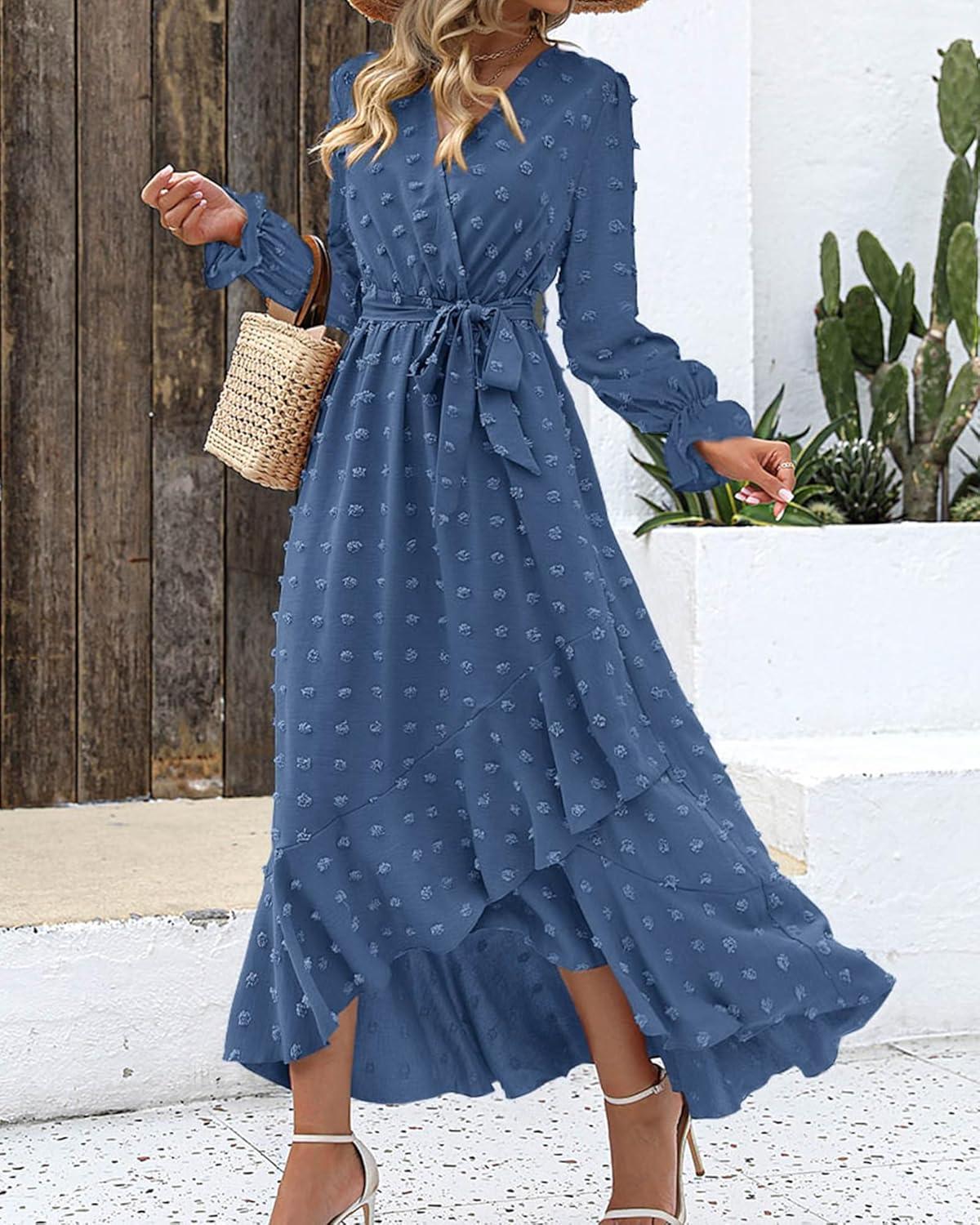 imageBTFBM Long Sleeve Maxi Dresses for Women Swiss Dot Boho Flowy Slit Cocktail Wedding Guest Dress Spring Clothes 2026Blue