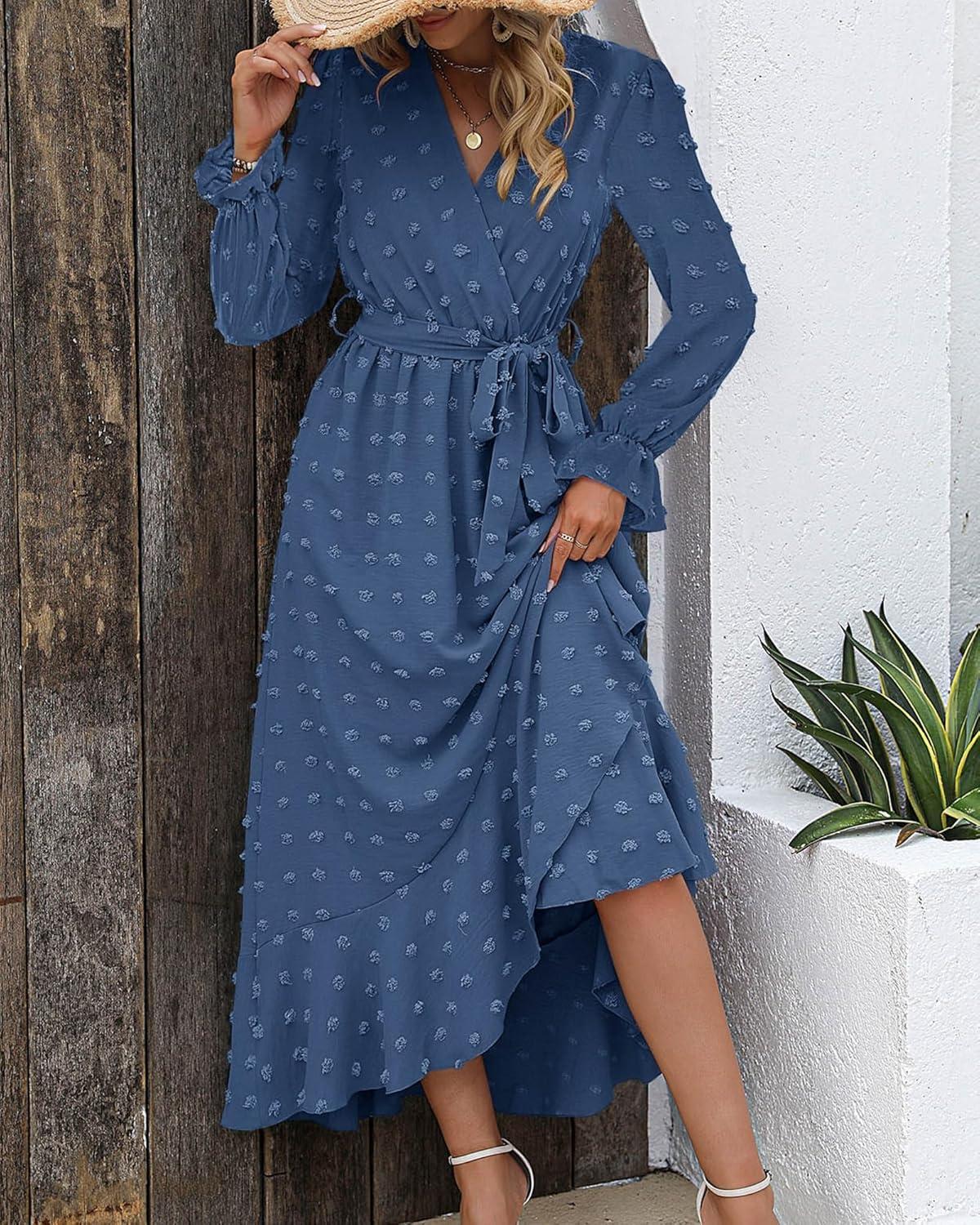 imageBTFBM Long Sleeve Maxi Dresses for Women Swiss Dot Boho Flowy Slit Cocktail Wedding Guest Dress Spring Clothes 2026Blue