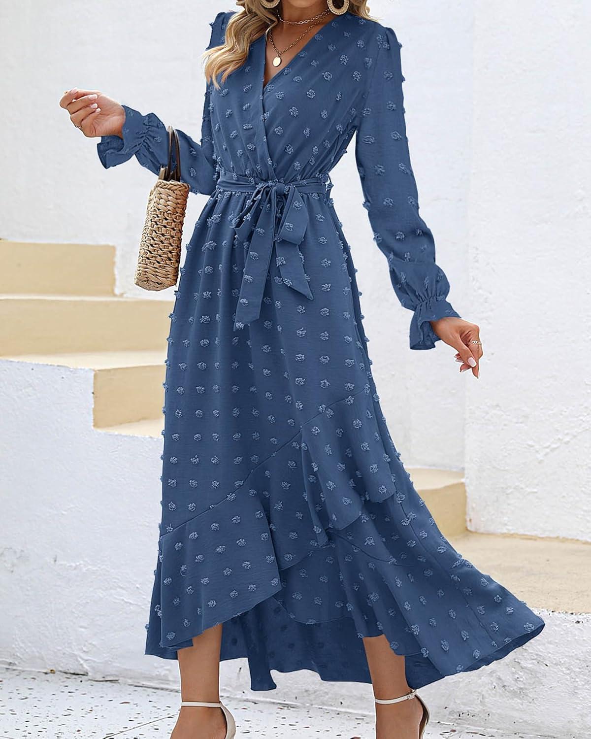 imageBTFBM Long Sleeve Maxi Dresses for Women Swiss Dot Boho Flowy Slit Cocktail Wedding Guest Dress Spring Clothes 2026Blue