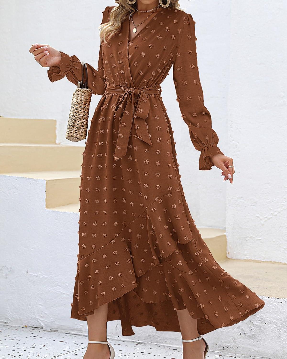 imageBTFBM Long Sleeve Maxi Dresses for Women Swiss Dot Boho Flowy Slit Cocktail Wedding Guest Dress Spring Clothes 2026Brown