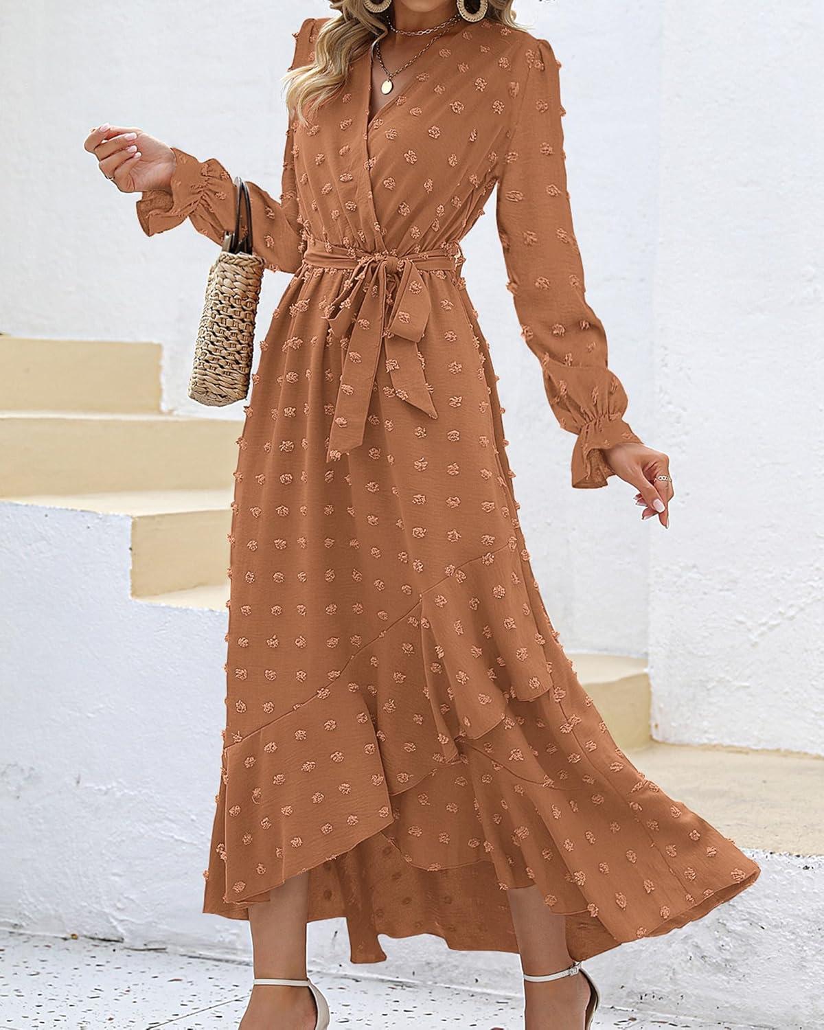 imageBTFBM Long Sleeve Maxi Dresses for Women Swiss Dot Boho Flowy Slit Cocktail Wedding Guest Dress Spring Clothes 2026Khaki