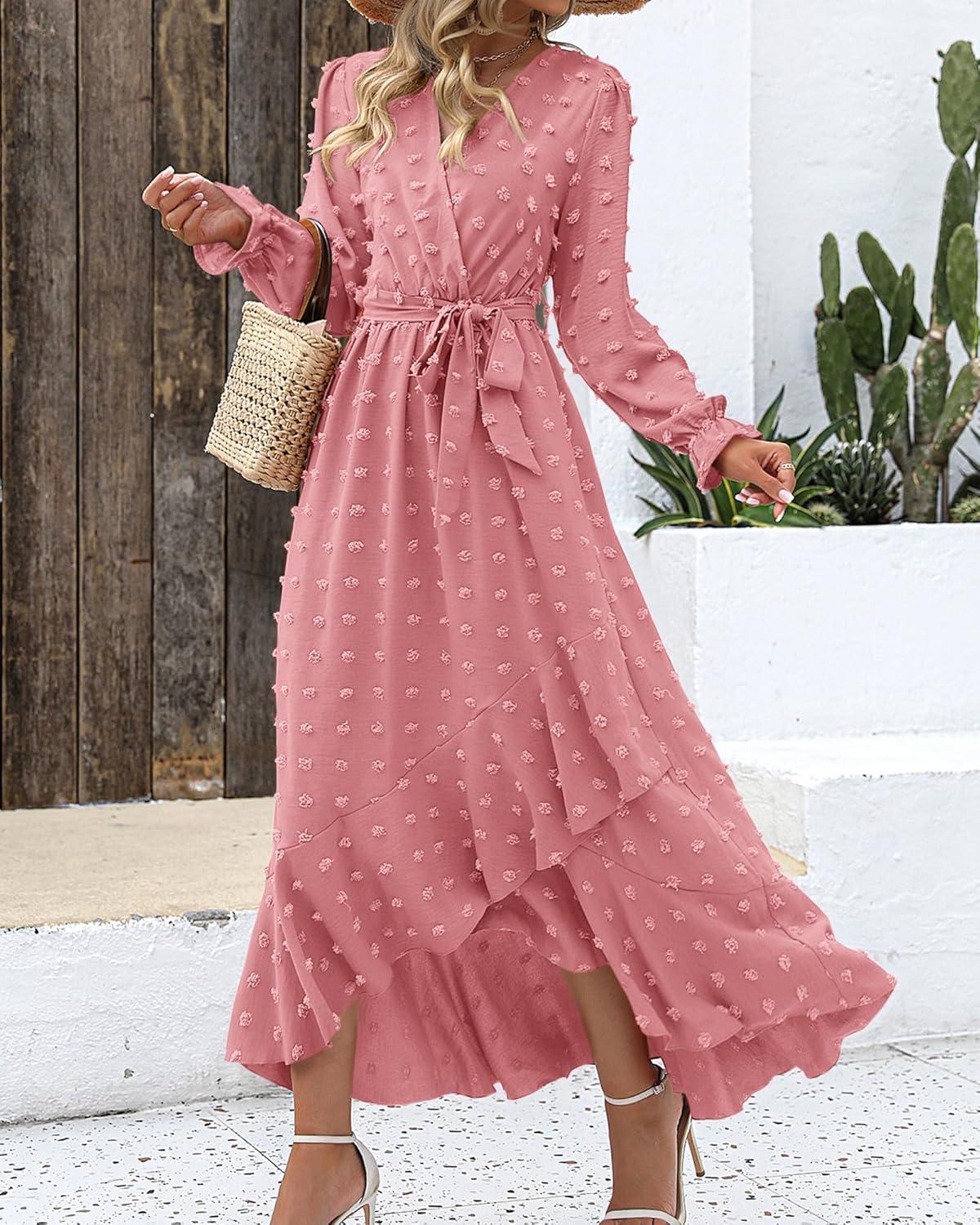 imageBTFBM Long Sleeve Maxi Dresses for Women Swiss Dot Boho Flowy Slit Cocktail Wedding Guest Dress Spring Clothes 2026Light Pink