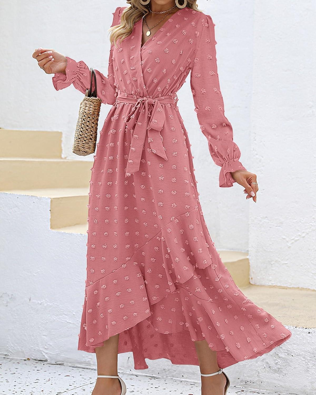 imageBTFBM Long Sleeve Maxi Dresses for Women Swiss Dot Boho Flowy Slit Cocktail Wedding Guest Dress Spring Clothes 2026Light Pink