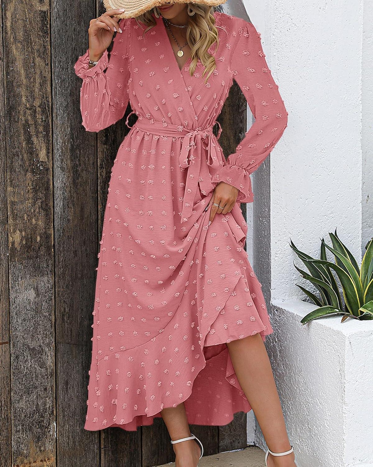 imageBTFBM Long Sleeve Maxi Dresses for Women Swiss Dot Boho Flowy Slit Cocktail Wedding Guest Dress Spring Clothes 2026Light Pink