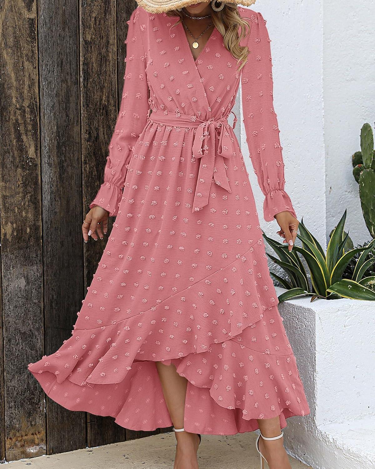 imageBTFBM Long Sleeve Maxi Dresses for Women Swiss Dot Boho Flowy Slit Cocktail Wedding Guest Dress Spring Clothes 2026Light Pink