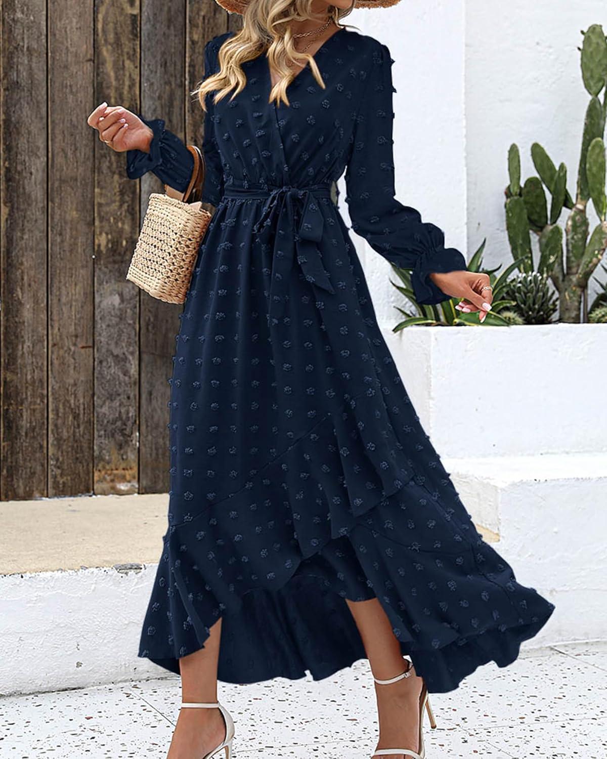 imageBTFBM Long Sleeve Maxi Dresses for Women Swiss Dot Boho Flowy Slit Cocktail Wedding Guest Dress Spring Clothes 2026Navy