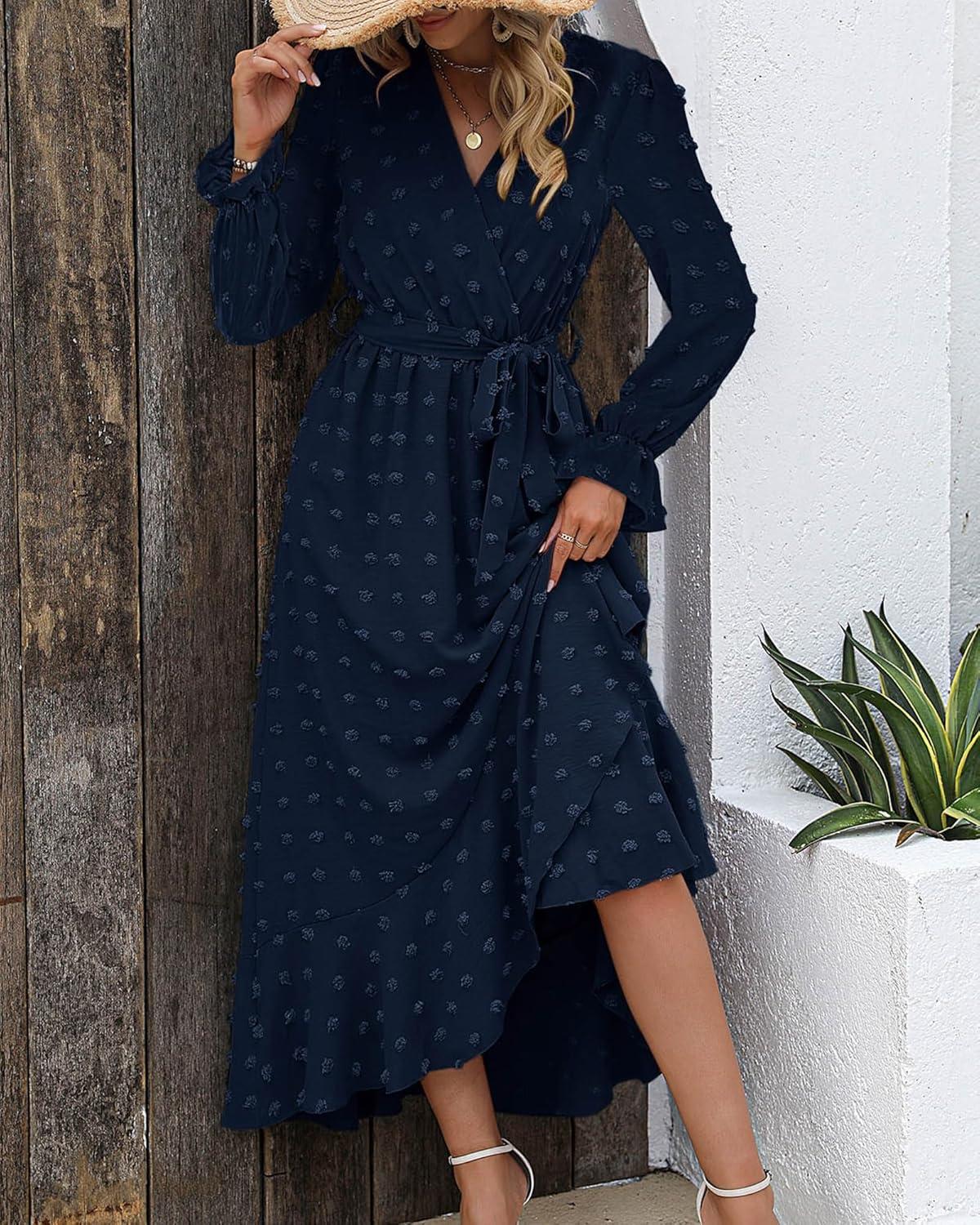 imageBTFBM Long Sleeve Maxi Dresses for Women Swiss Dot Boho Flowy Slit Cocktail Wedding Guest Dress Spring Clothes 2026Navy