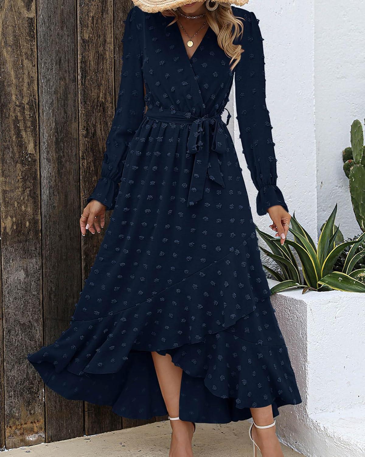 imageBTFBM Long Sleeve Maxi Dresses for Women Swiss Dot Boho Flowy Slit Cocktail Wedding Guest Dress Spring Clothes 2026Navy
