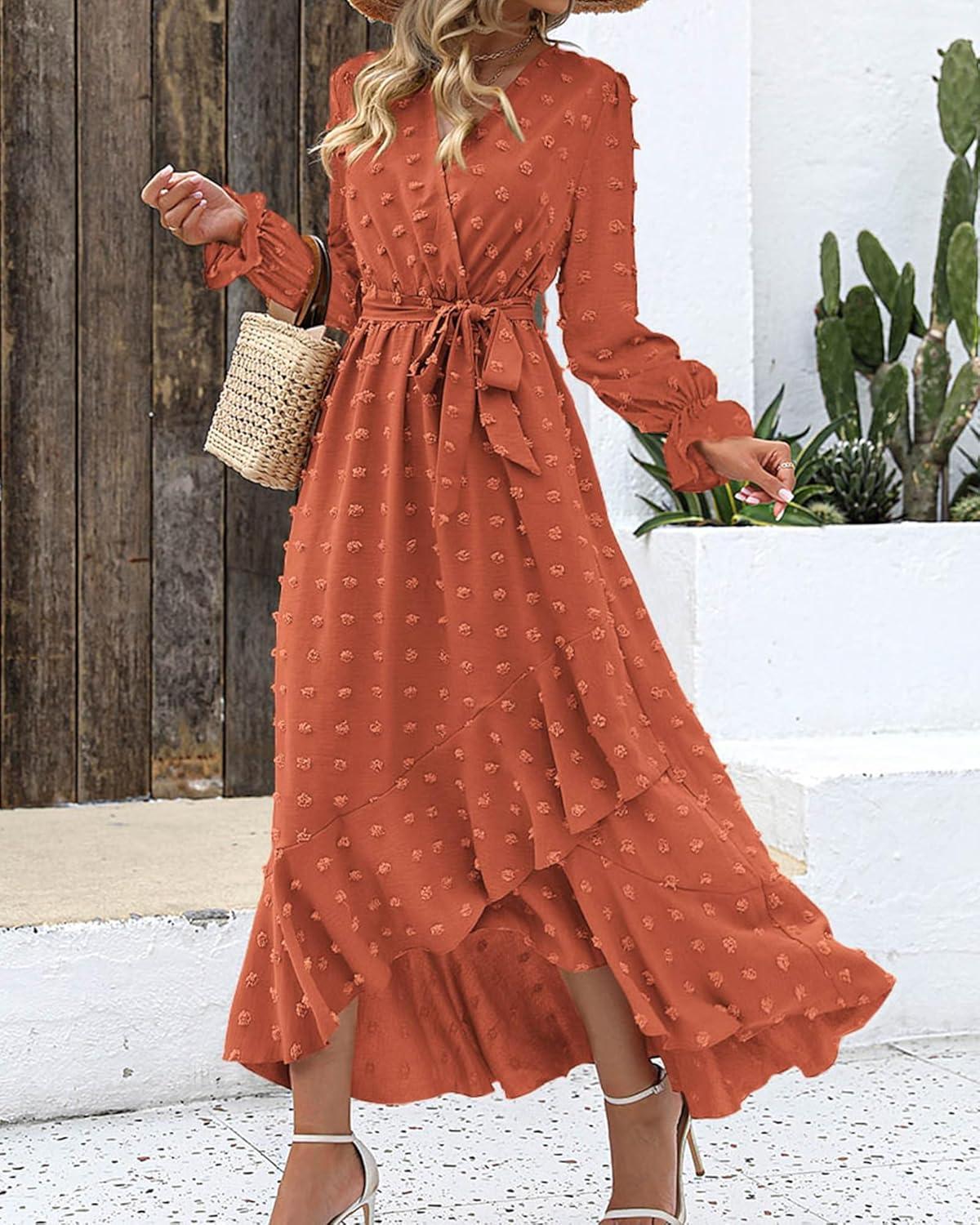 imageBTFBM Long Sleeve Maxi Dresses for Women Swiss Dot Boho Flowy Slit Cocktail Wedding Guest Dress Spring Clothes 2026Orange