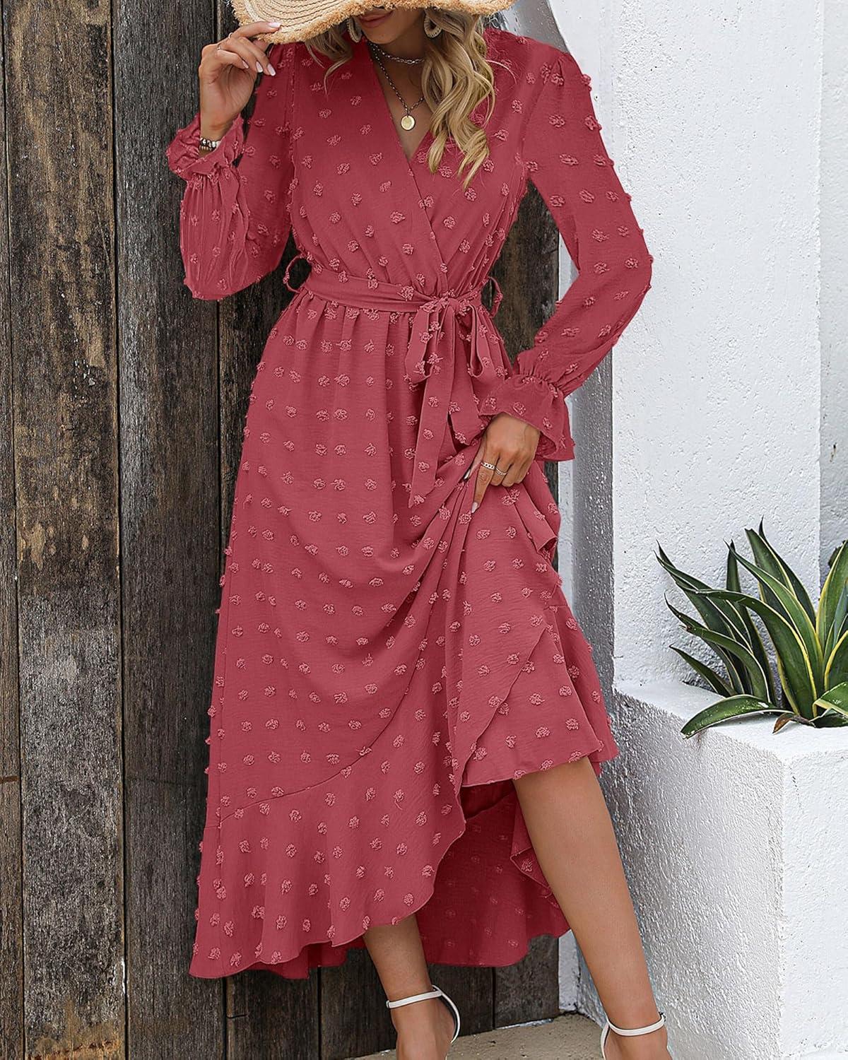 imageBTFBM Long Sleeve Maxi Dresses for Women Swiss Dot Boho Flowy Slit Cocktail Wedding Guest Dress Spring Clothes 2026Pink