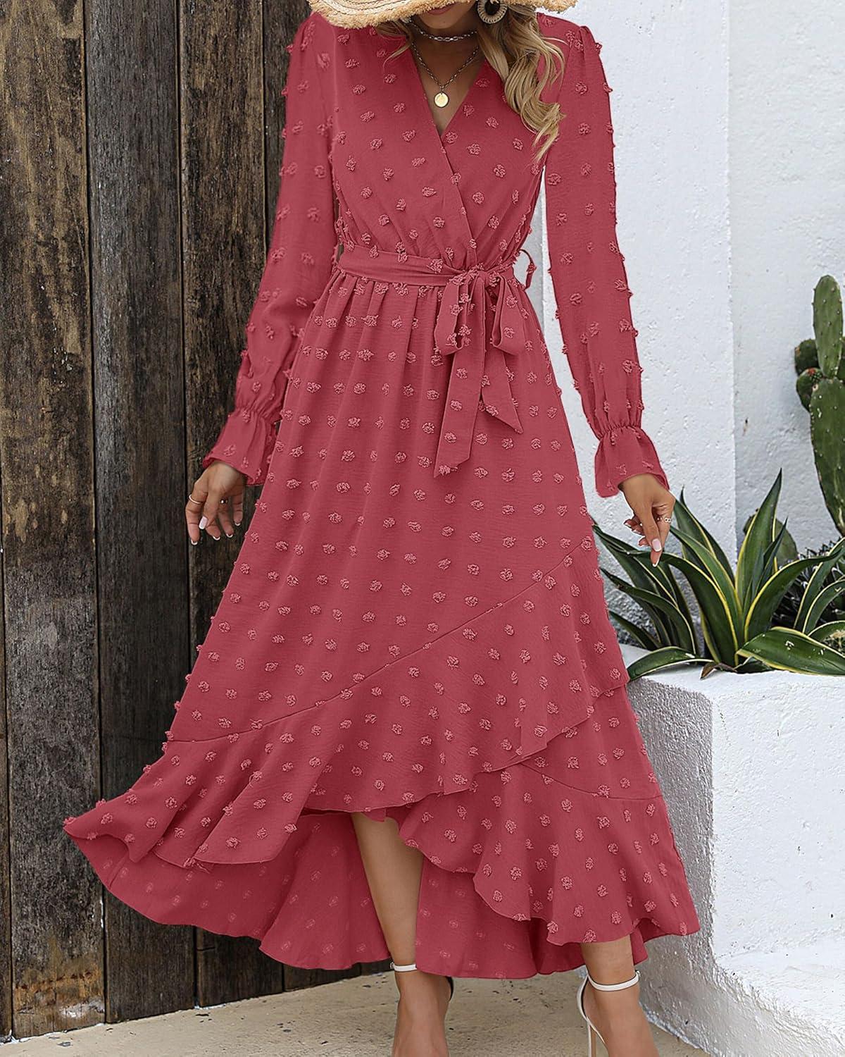 imageBTFBM Long Sleeve Maxi Dresses for Women Swiss Dot Boho Flowy Slit Cocktail Wedding Guest Dress Spring Clothes 2026Pink