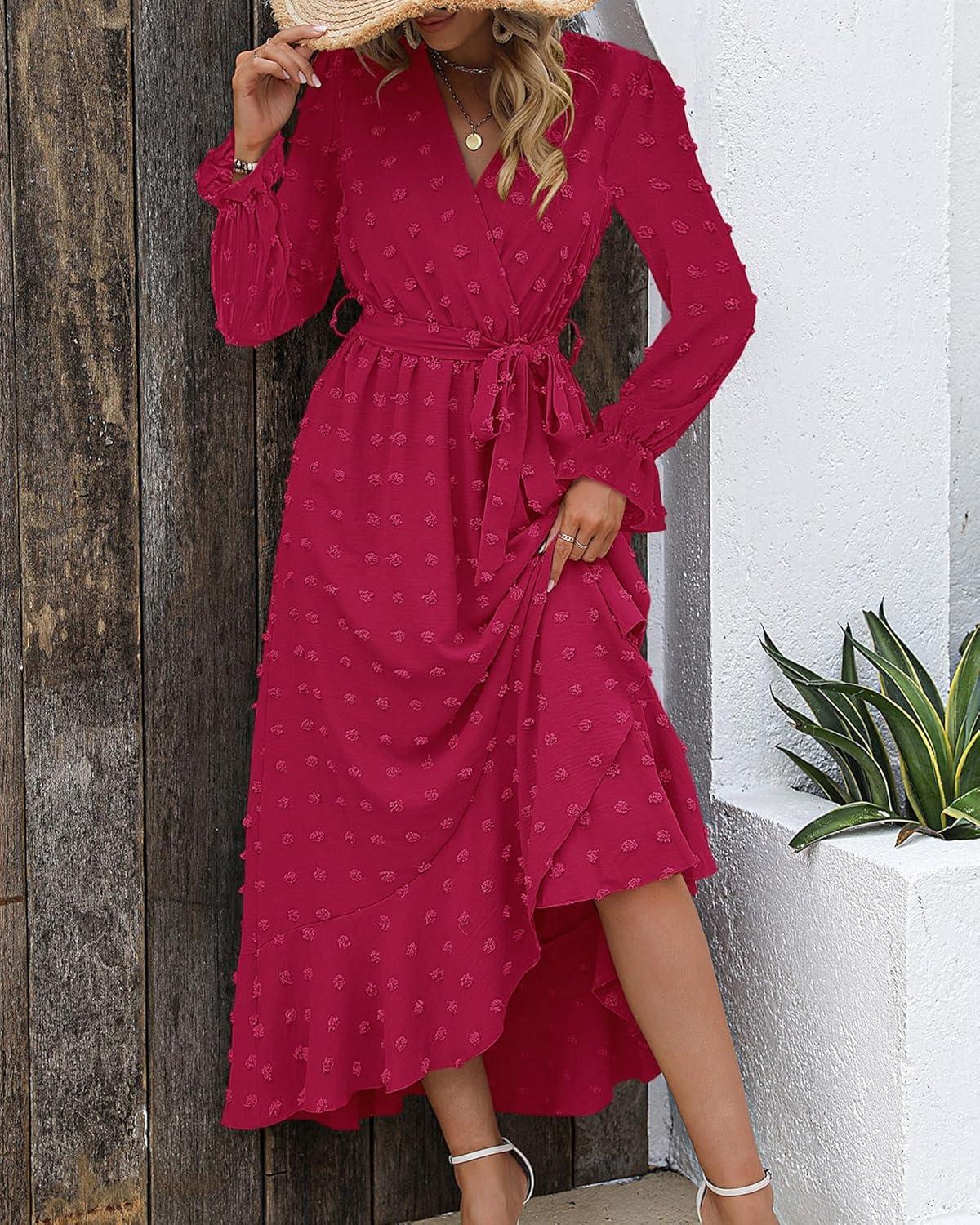 imageBTFBM Long Sleeve Maxi Dresses for Women Swiss Dot Boho Flowy Slit Cocktail Wedding Guest Dress Spring Clothes 2026Rose Red