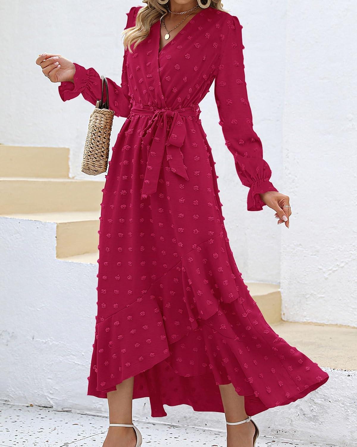 imageBTFBM Long Sleeve Maxi Dresses for Women Swiss Dot Boho Flowy Slit Cocktail Wedding Guest Dress Spring Clothes 2026Rose Red