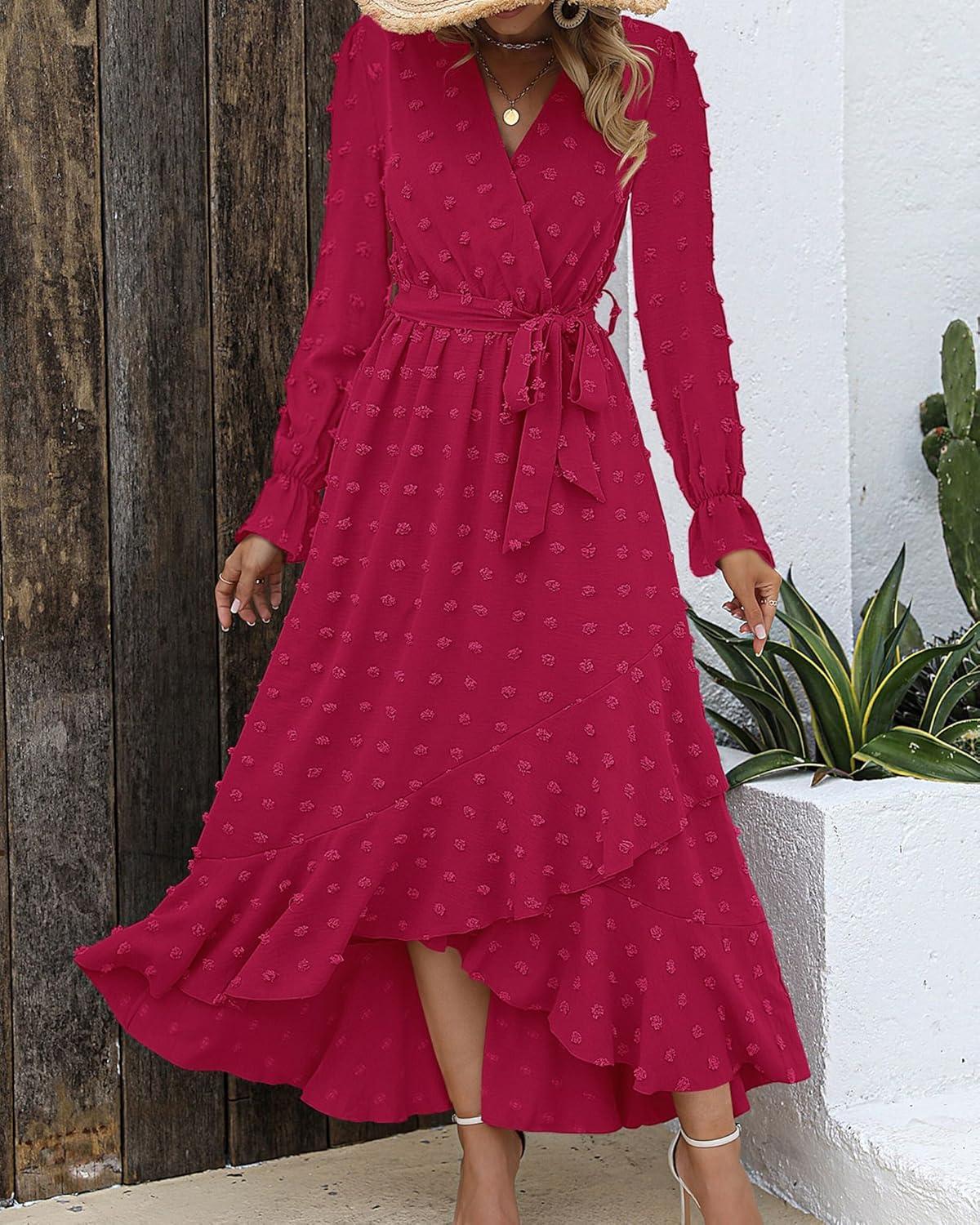 imageBTFBM Long Sleeve Maxi Dresses for Women Swiss Dot Boho Flowy Slit Cocktail Wedding Guest Dress Spring Clothes 2026Rose Red