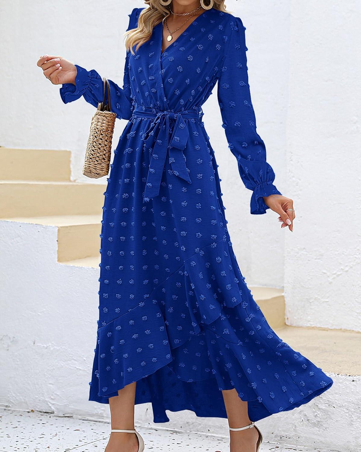 imageBTFBM Long Sleeve Maxi Dresses for Women Swiss Dot Boho Flowy Slit Cocktail Wedding Guest Dress Spring Clothes 2026Royal Blue
