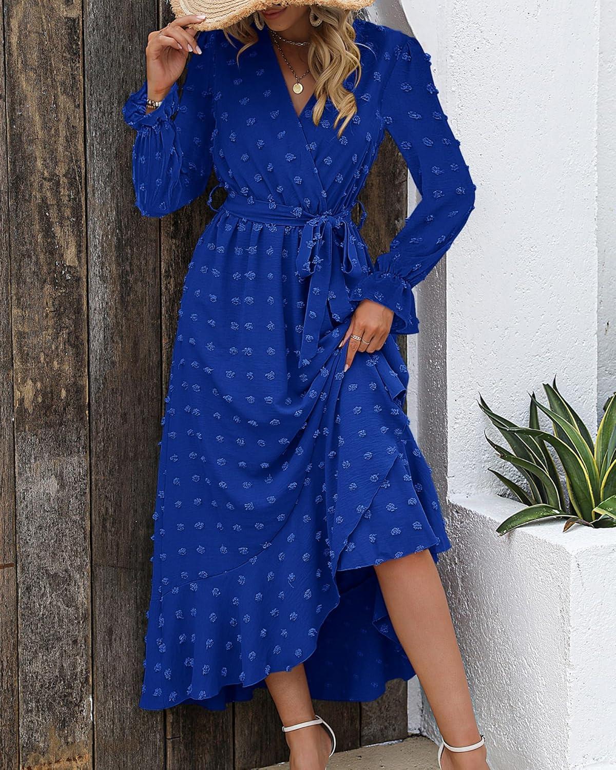 imageBTFBM Long Sleeve Maxi Dresses for Women Swiss Dot Boho Flowy Slit Cocktail Wedding Guest Dress Spring Clothes 2026Royal Blue