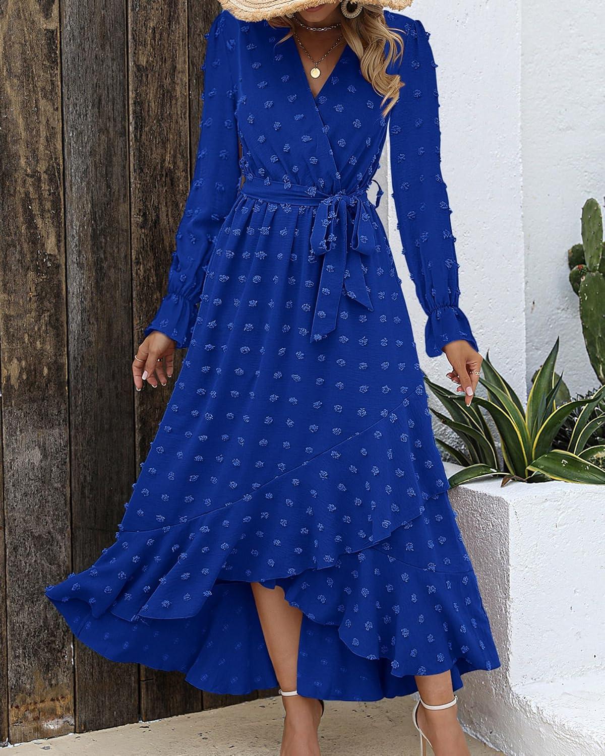imageBTFBM Long Sleeve Maxi Dresses for Women Swiss Dot Boho Flowy Slit Cocktail Wedding Guest Dress Spring Clothes 2026Royal Blue