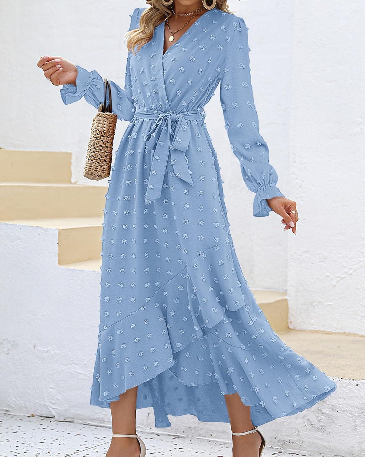 imageBTFBM Long Sleeve Maxi Dresses for Women Swiss Dot Boho Flowy Slit Cocktail Wedding Guest Dress Spring Clothes 2026Sky Blue