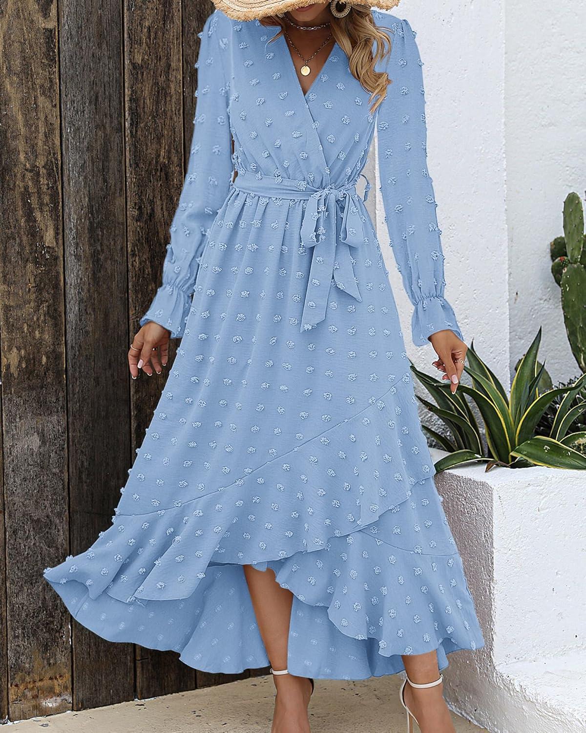 imageBTFBM Long Sleeve Maxi Dresses for Women Swiss Dot Boho Flowy Slit Cocktail Wedding Guest Dress Spring Clothes 2026Sky Blue