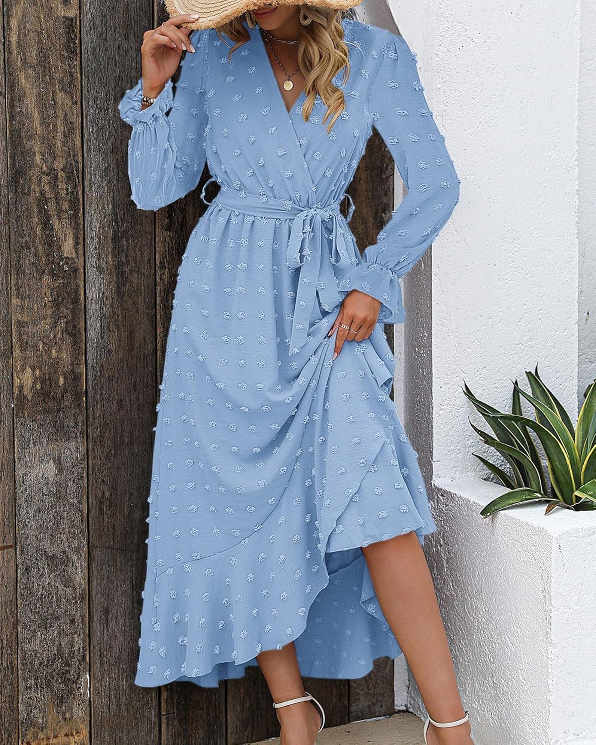 imageBTFBM Long Sleeve Maxi Dresses for Women Swiss Dot Boho Flowy Slit Cocktail Wedding Guest Dress Spring Clothes 2026Sky Blue
