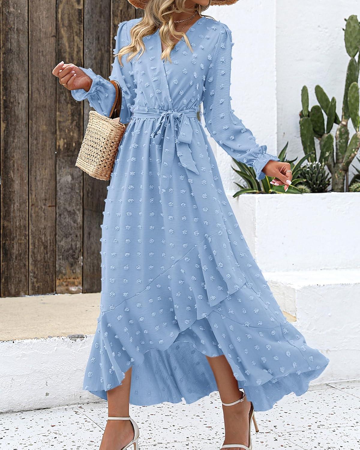 imageBTFBM Long Sleeve Maxi Dresses for Women Swiss Dot Boho Flowy Slit Cocktail Wedding Guest Dress Spring Clothes 2026Sky Blue