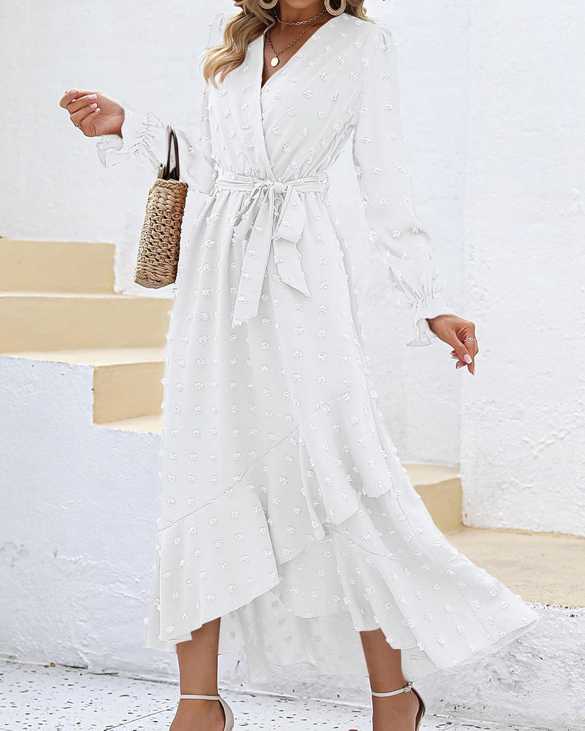 imageBTFBM Long Sleeve Maxi Dresses for Women Swiss Dot Boho Flowy Slit Cocktail Wedding Guest Dress Spring Clothes 2026White