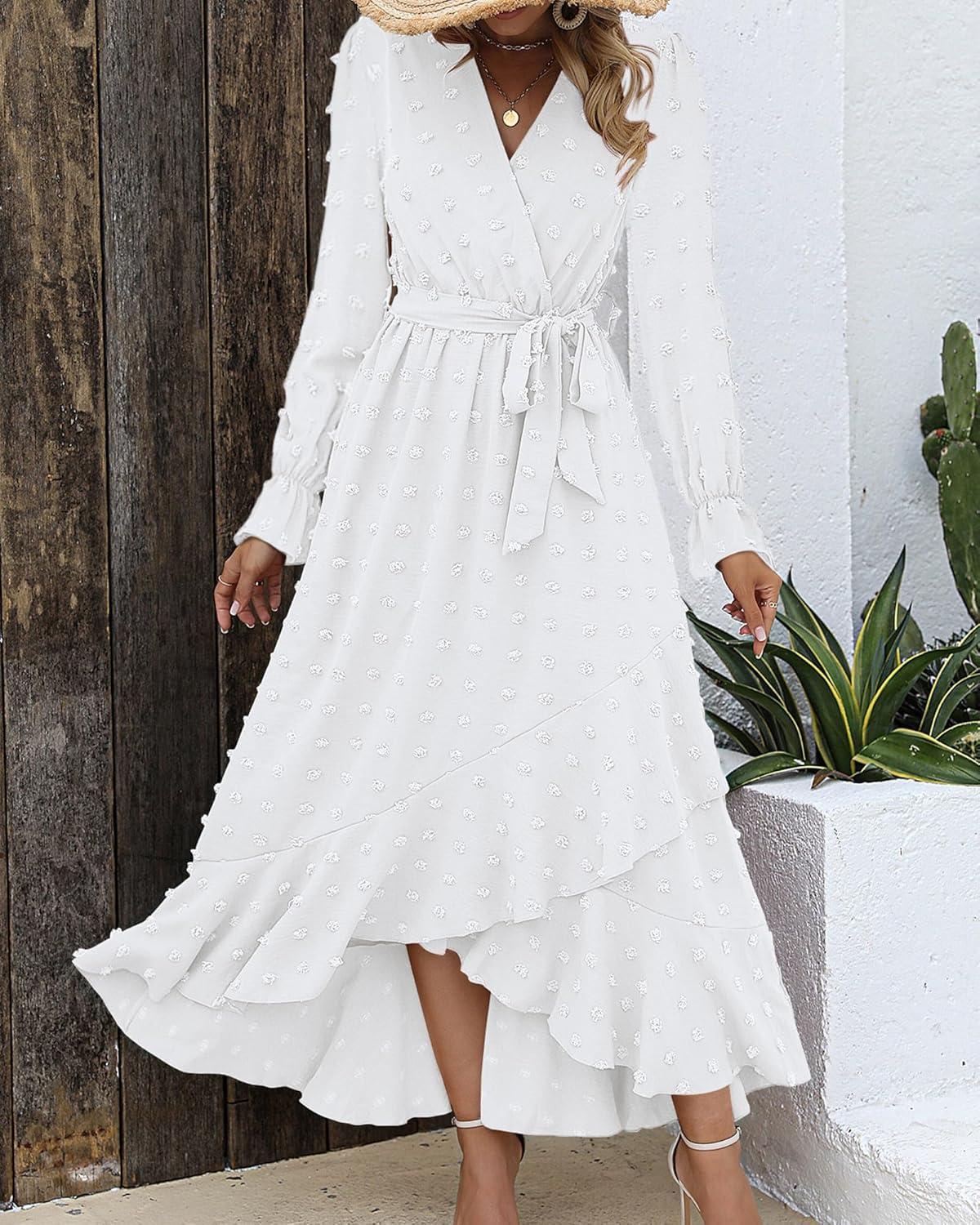imageBTFBM Long Sleeve Maxi Dresses for Women Swiss Dot Boho Flowy Slit Cocktail Wedding Guest Dress Spring Clothes 2026White