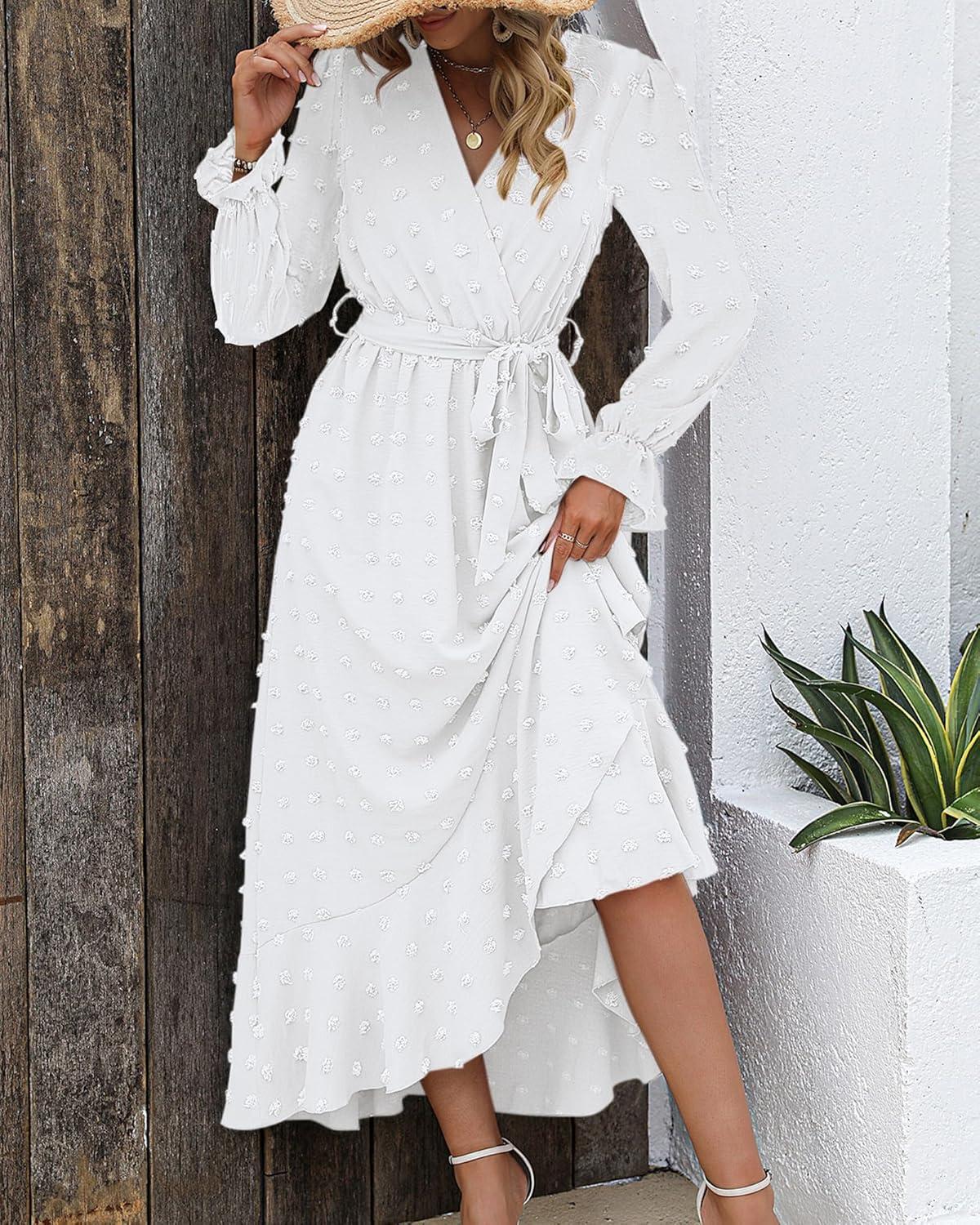 imageBTFBM Long Sleeve Maxi Dresses for Women Swiss Dot Boho Flowy Slit Cocktail Wedding Guest Dress Spring Clothes 2026White