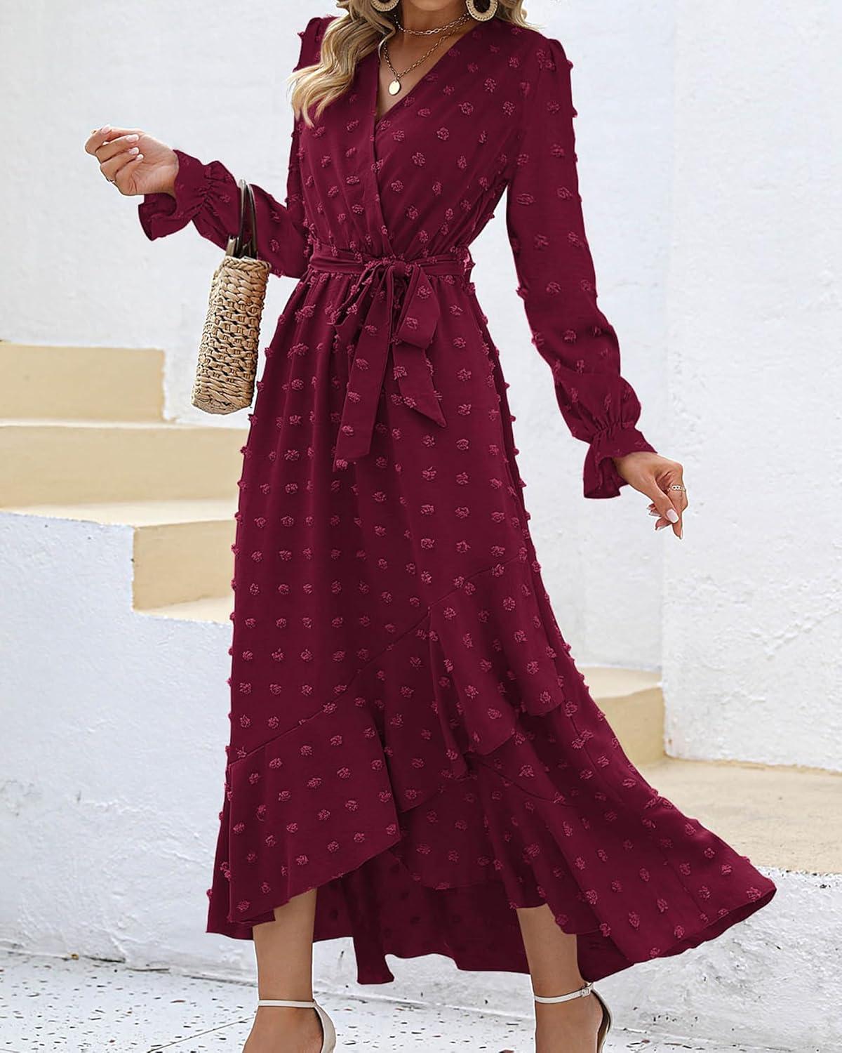 imageBTFBM Long Sleeve Maxi Dresses for Women Swiss Dot Boho Flowy Slit Cocktail Wedding Guest Dress Spring Clothes 2026Wine Red