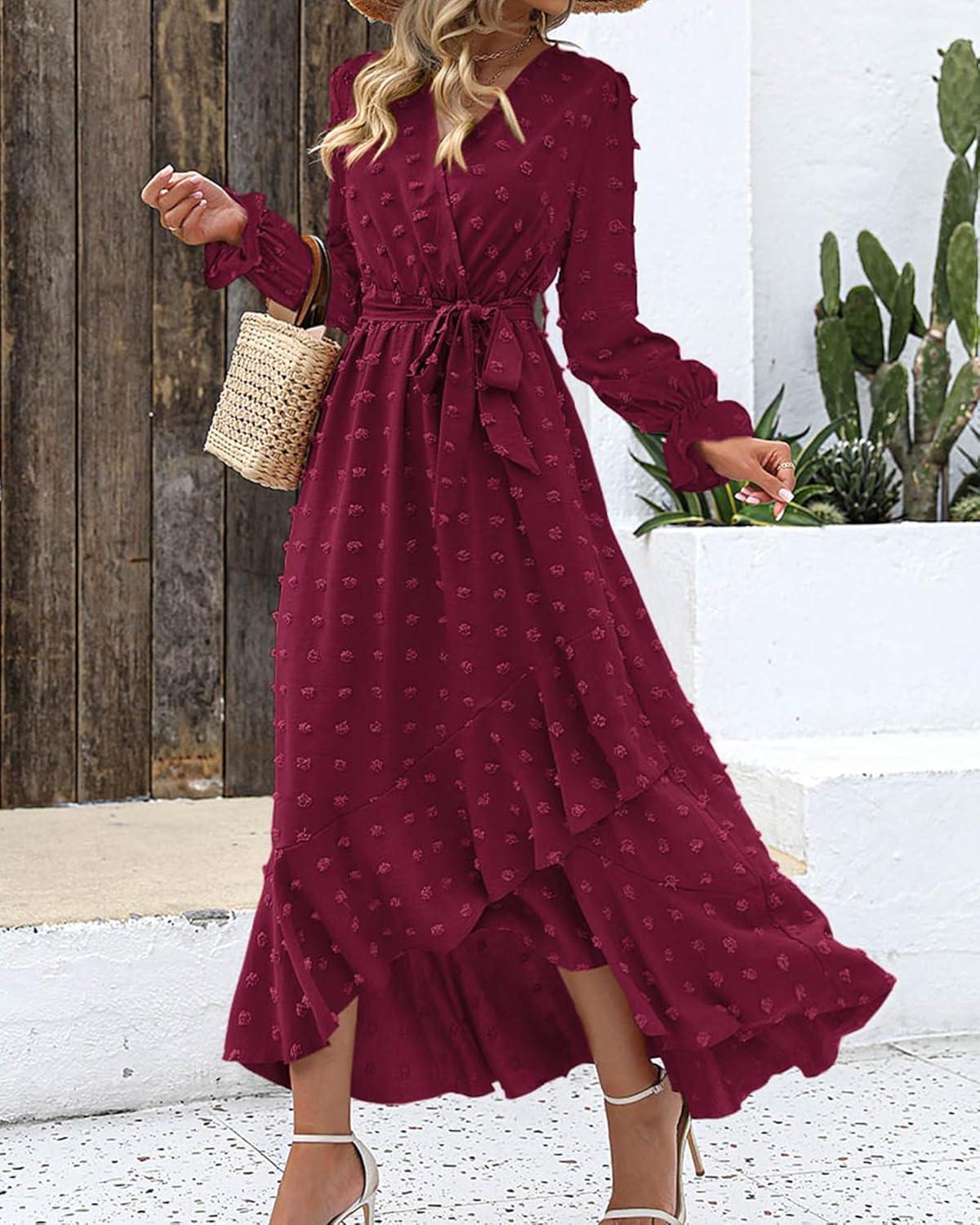 imageBTFBM Long Sleeve Maxi Dresses for Women Swiss Dot Boho Flowy Slit Cocktail Wedding Guest Dress Spring Clothes 2026Wine Red