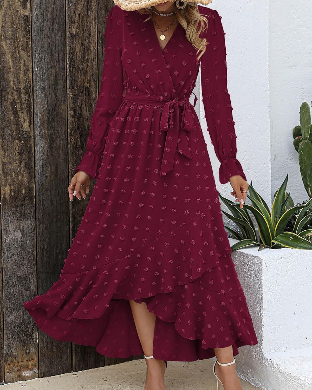 imageBTFBM Long Sleeve Maxi Dresses for Women Swiss Dot Boho Flowy Slit Cocktail Wedding Guest Dress Spring Clothes 2026Wine Red