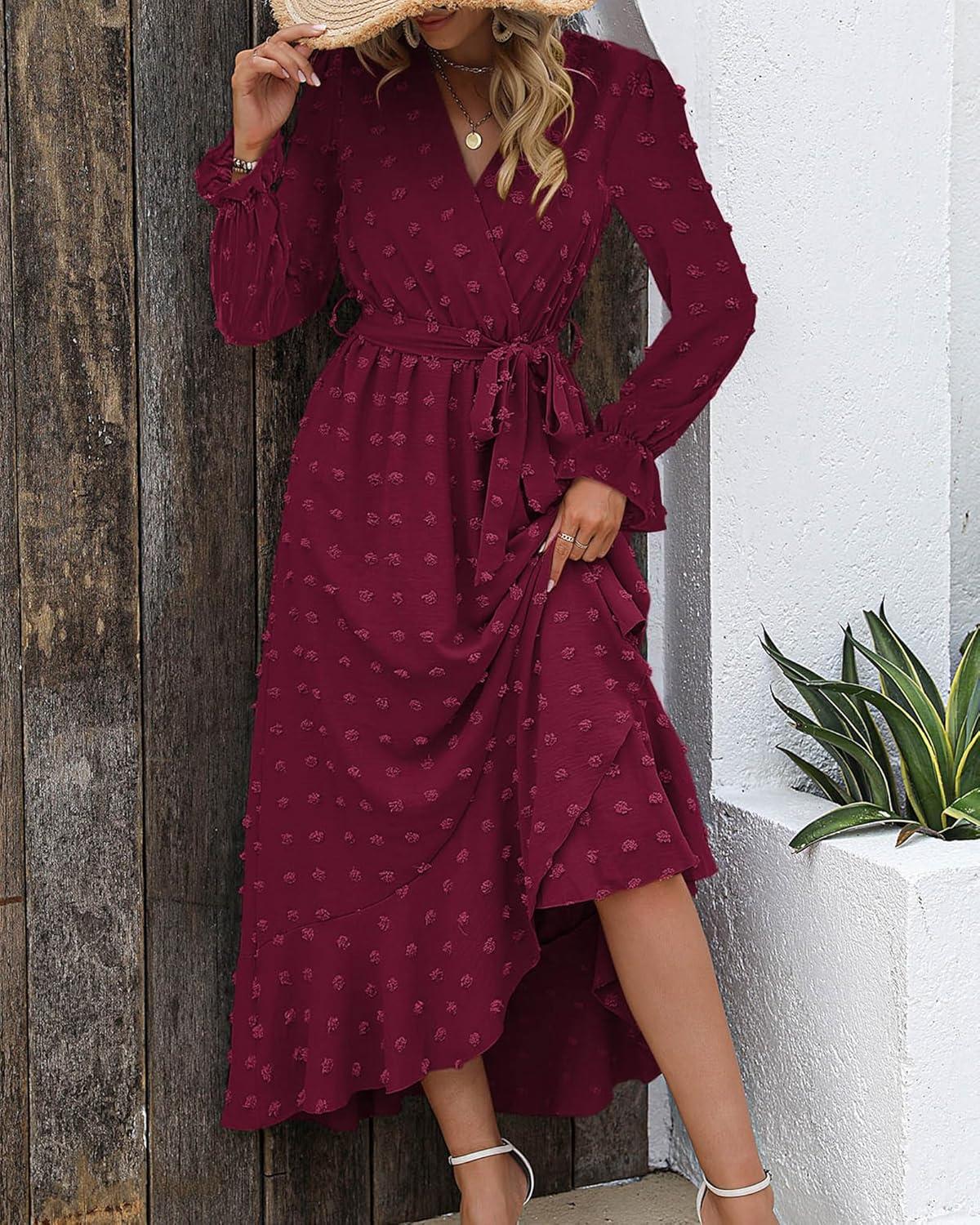 imageBTFBM Long Sleeve Maxi Dresses for Women Swiss Dot Boho Flowy Slit Cocktail Wedding Guest Dress Spring Clothes 2026Wine Red
